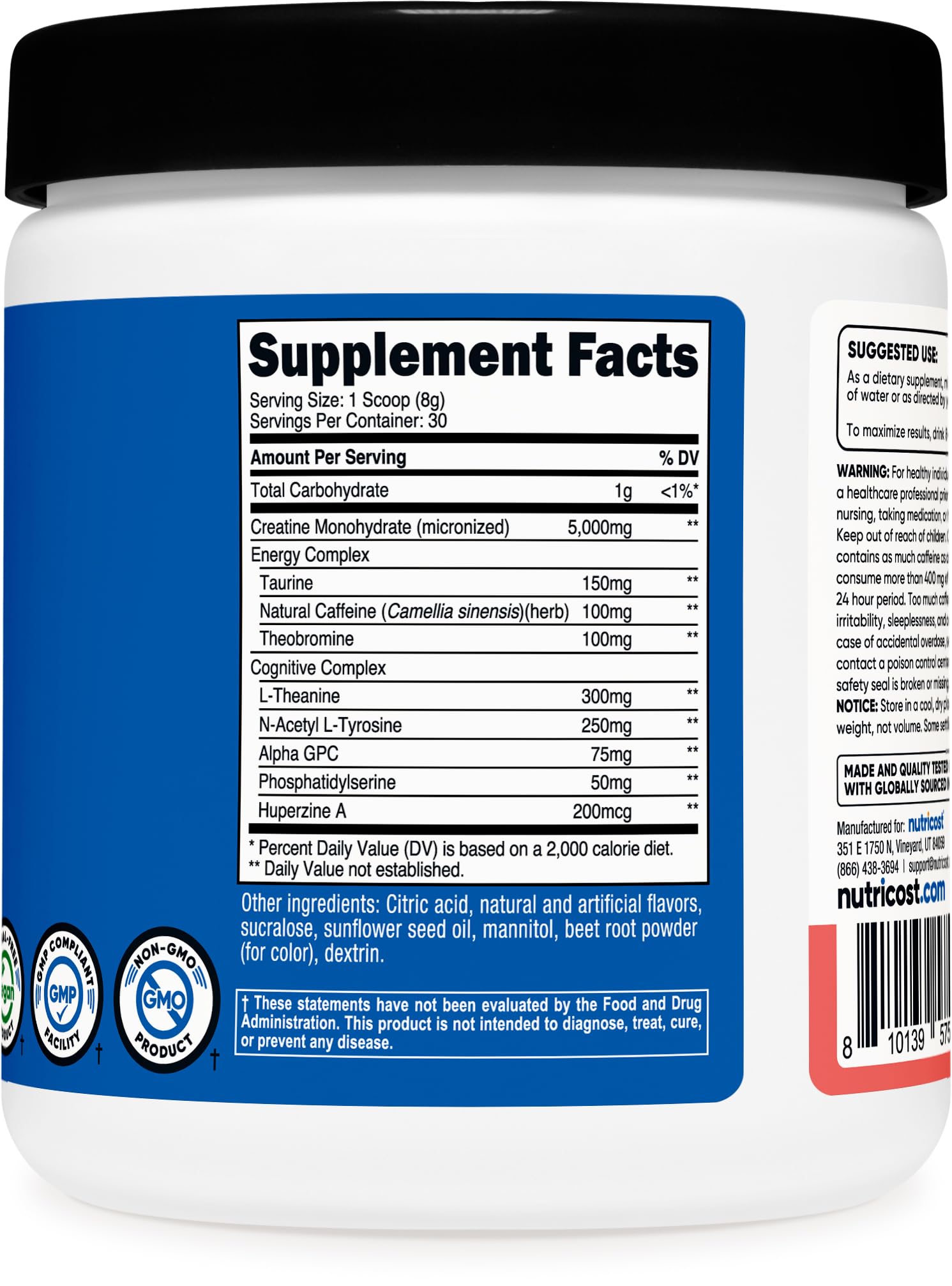 Nutricost Creatine + Energy Watermelon bottle with 30 servings per container