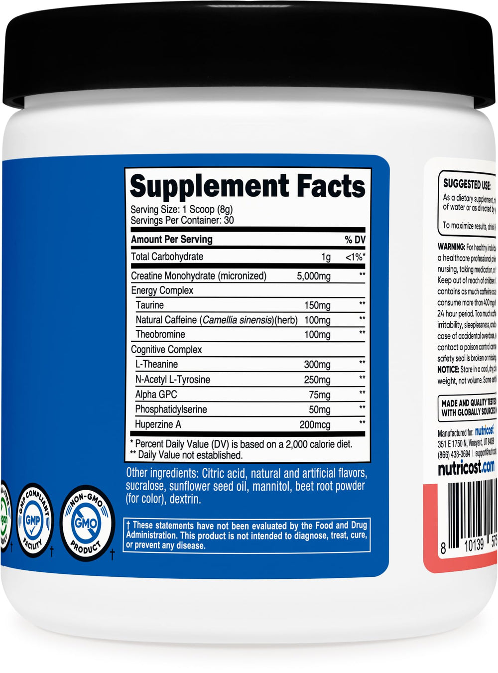 Nutricost Creatine + Energy Watermelon bottle with 30 servings per container