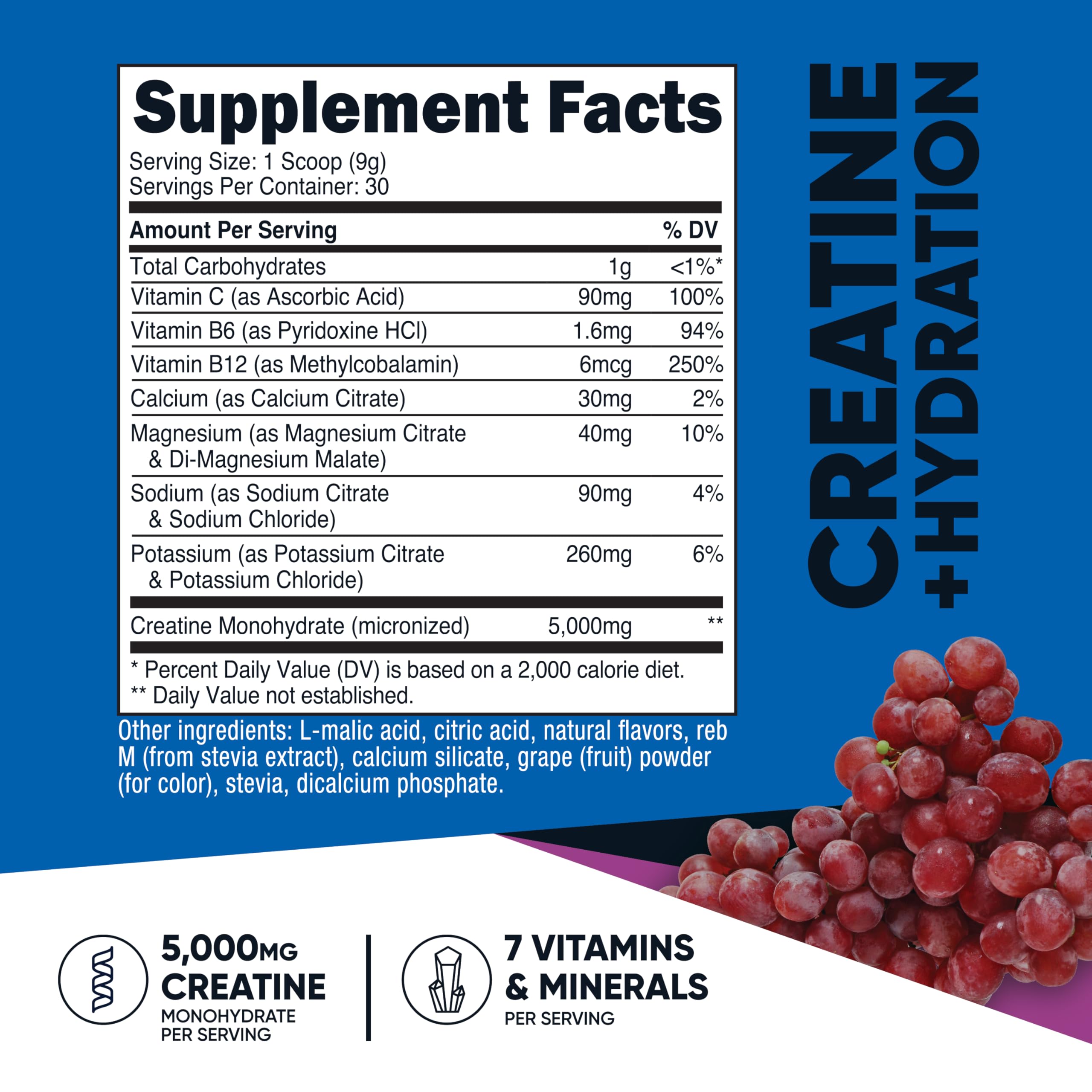 Close-up of grape-flavored powder scoop next to container