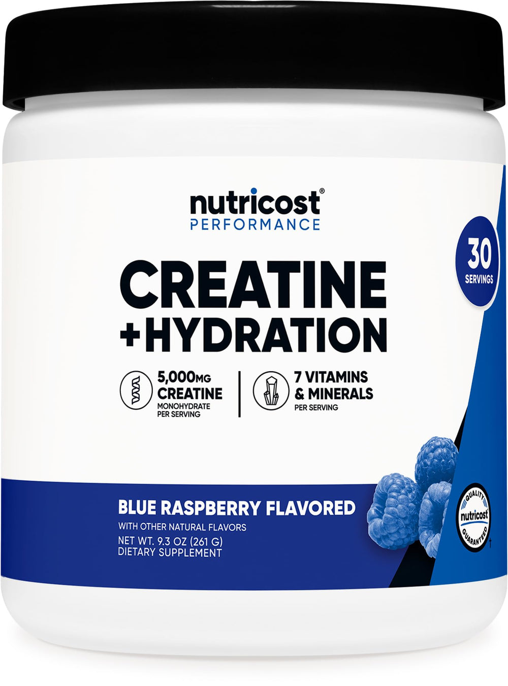 Nutricost Creatine Monohydrate + Hydration Blue Raspberry bottle label