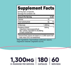 Close-up of Nutricost label showing 1300 mg D-Mannose and 500 mg cranberry extract