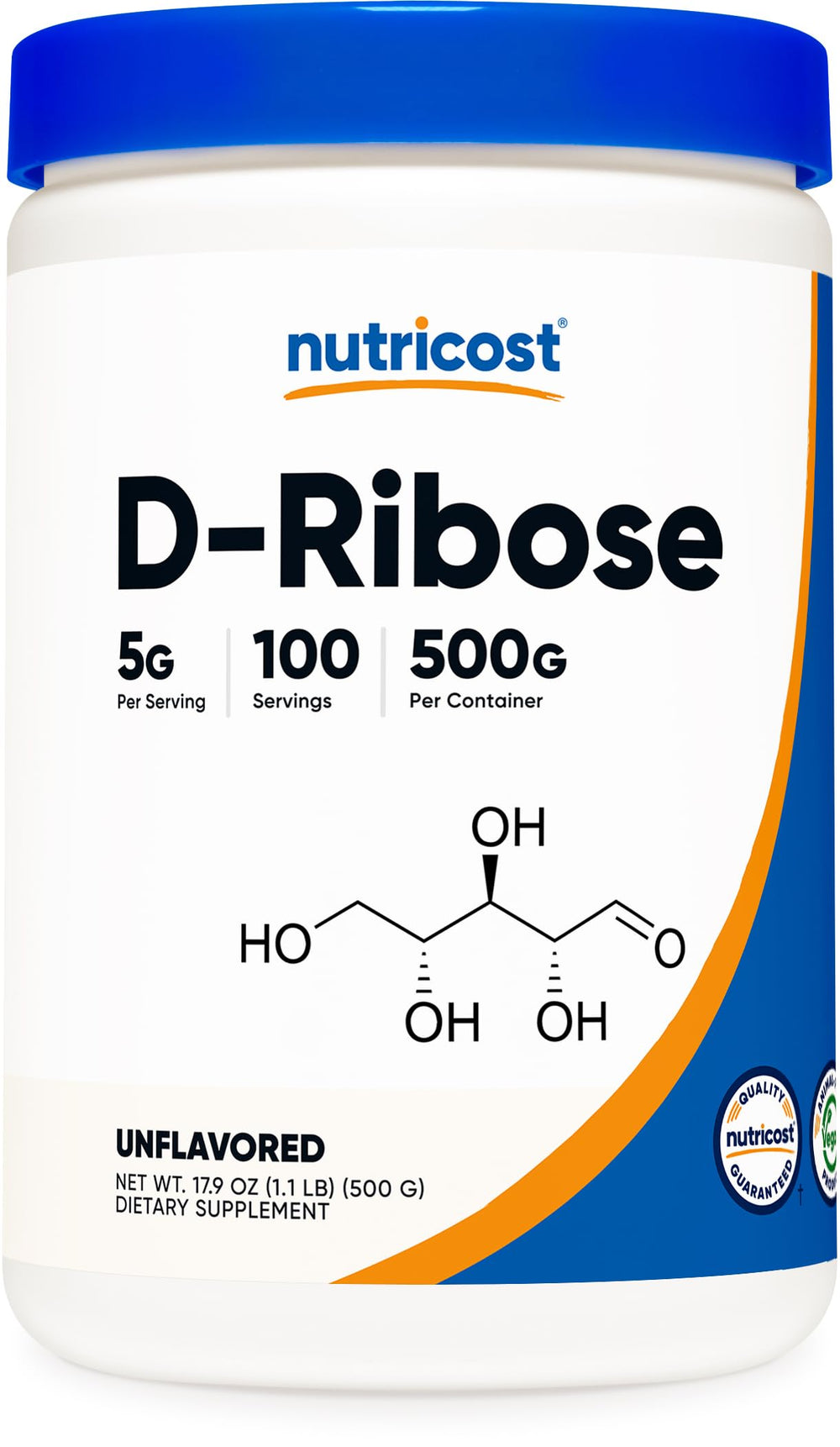 Nutricost D-Ribose Powder bottle 500g with scoop