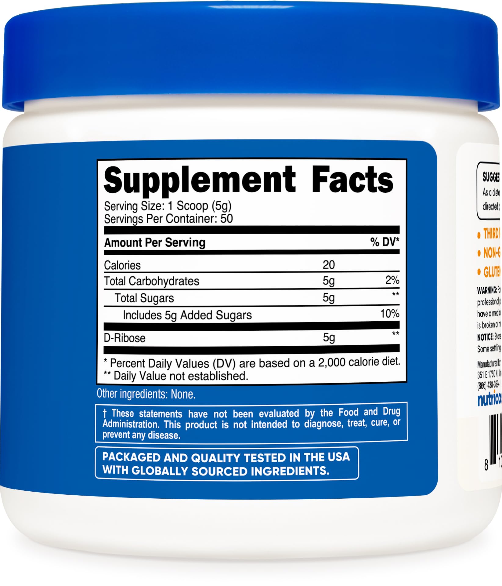 Close-up of Nutricost D-Ribose bottle label