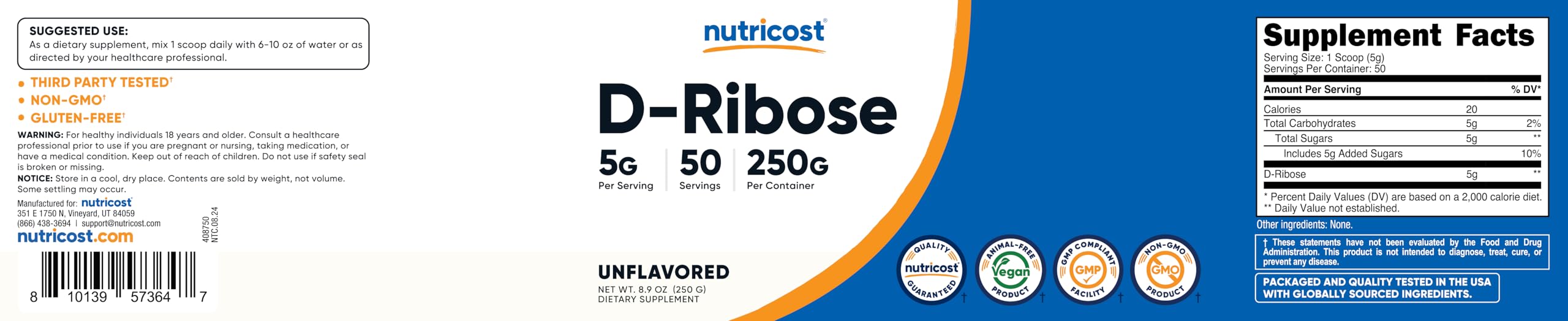 Gluten Free & Non-GMO packaging badges on Nutricost D-Ribose powder