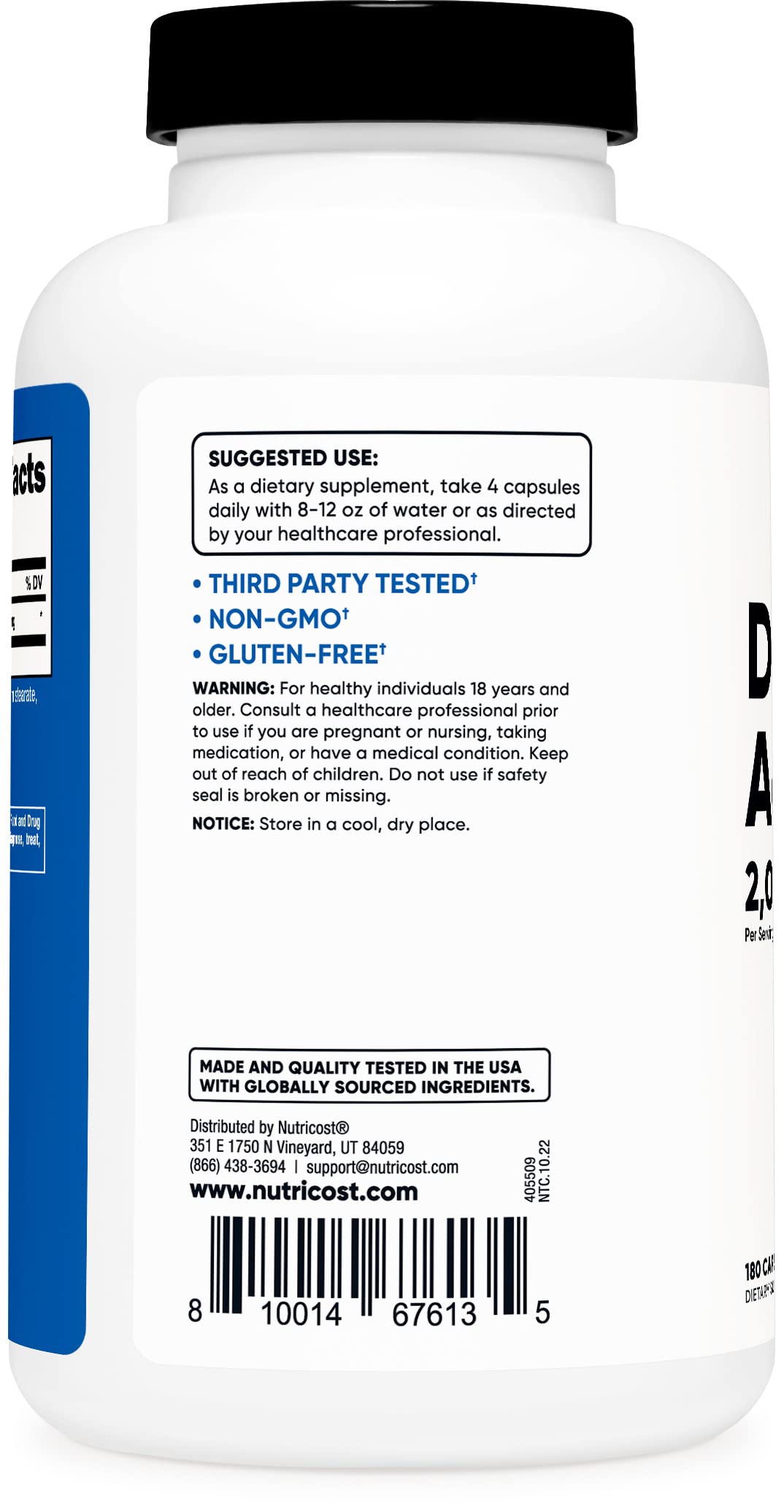 Nutricost D-Aspartic Acid capsules close-up — consistent 500mg capsules for reliable dosing.
