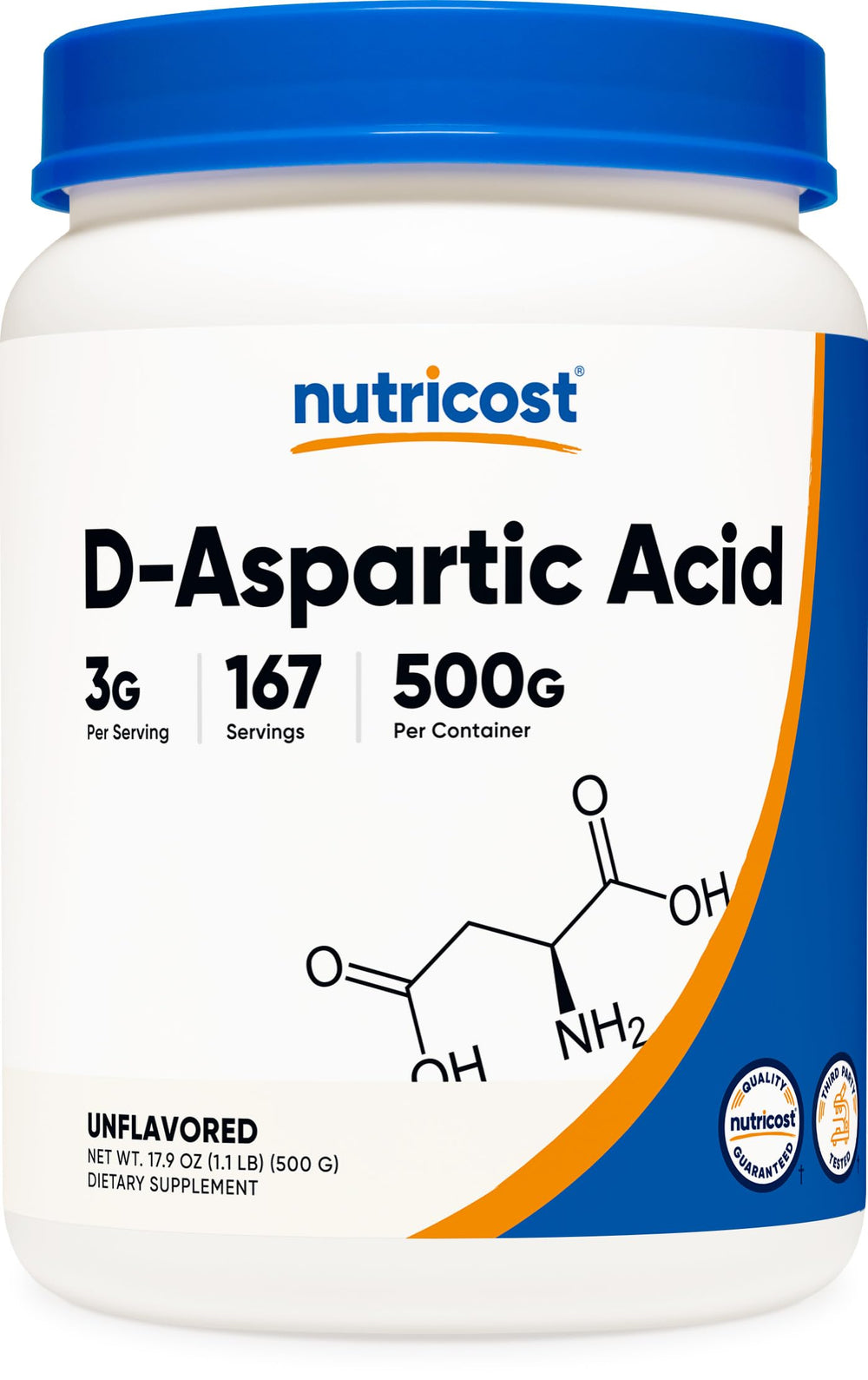 Nutricost D-Aspartic Acid powder 500g bottle front, unflavored for versatile daily mixing.
