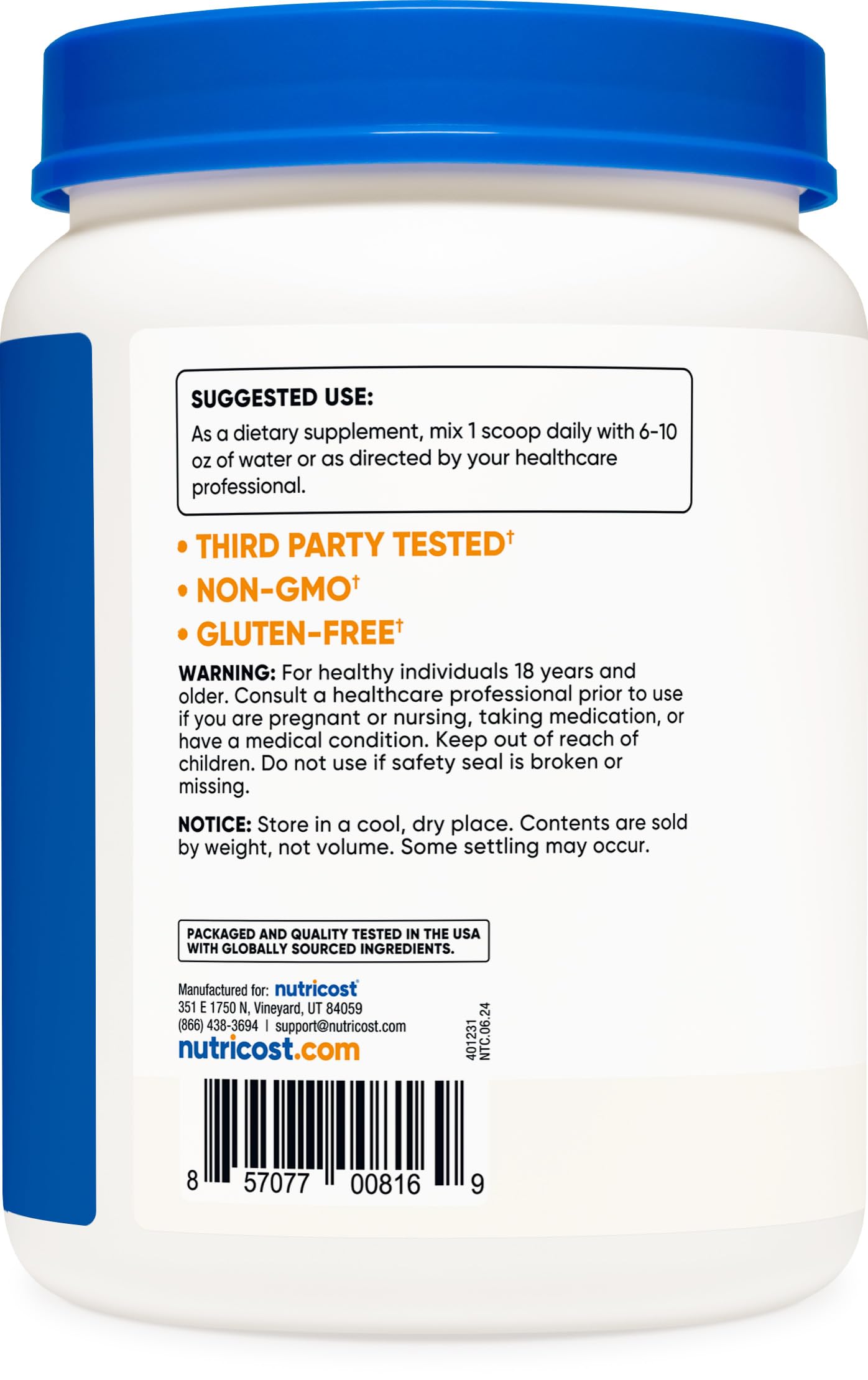 Ingredients and non-GMO label for DAA powder