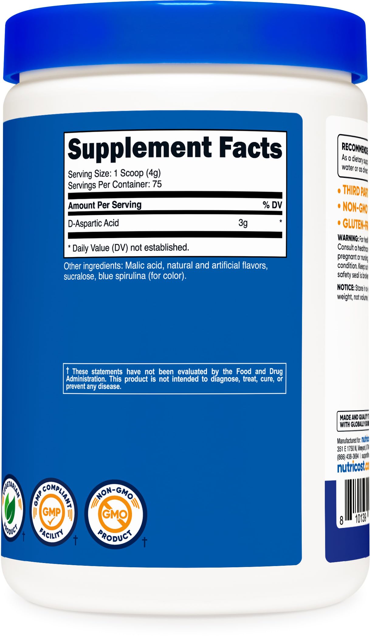 Nutrition facts and ingredients for Nutricost D-AA powder 300g blue raspberry