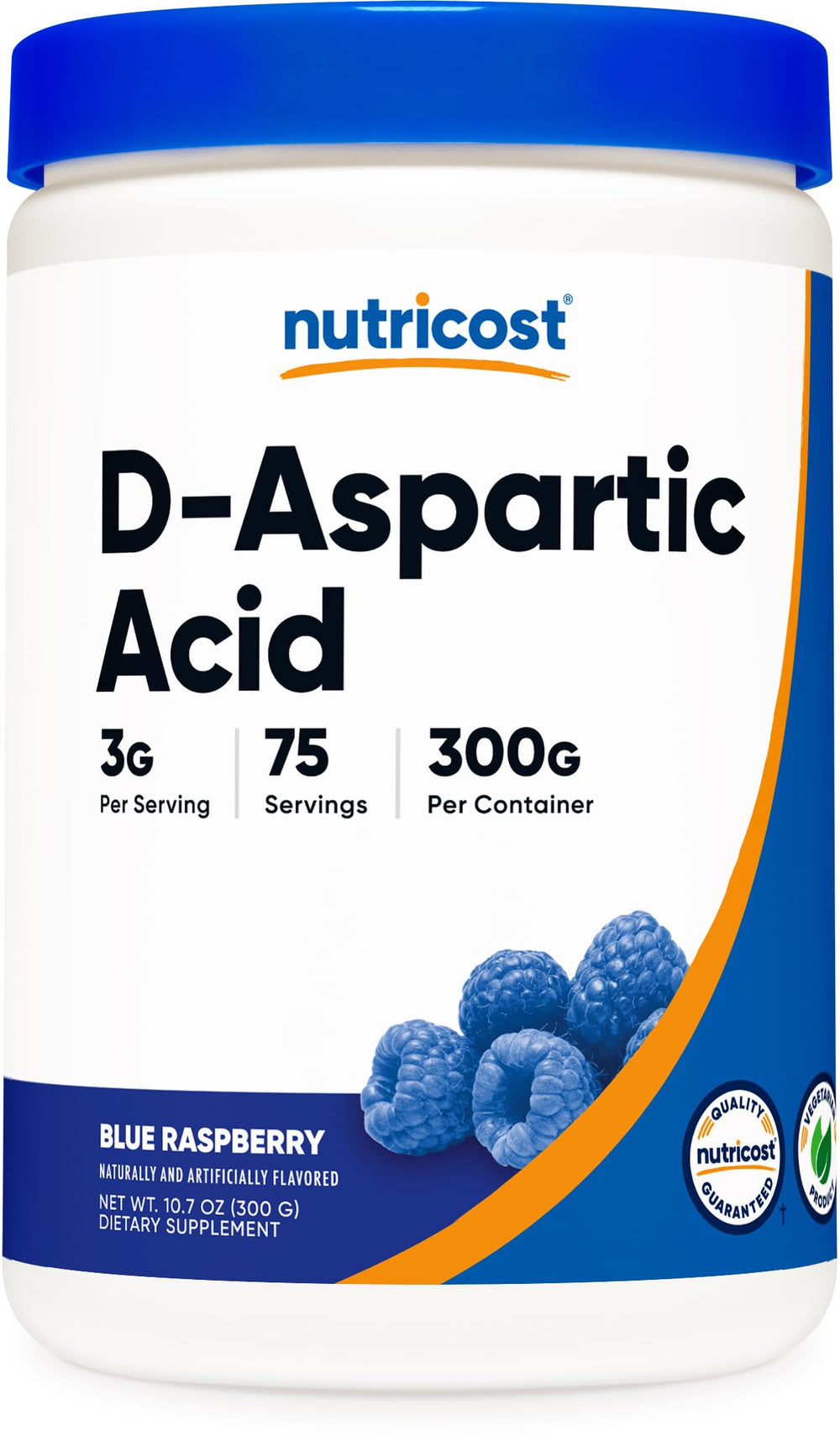 Nutricost DAA powder bottle with blue raspberry flavor for easy daily use during workouts