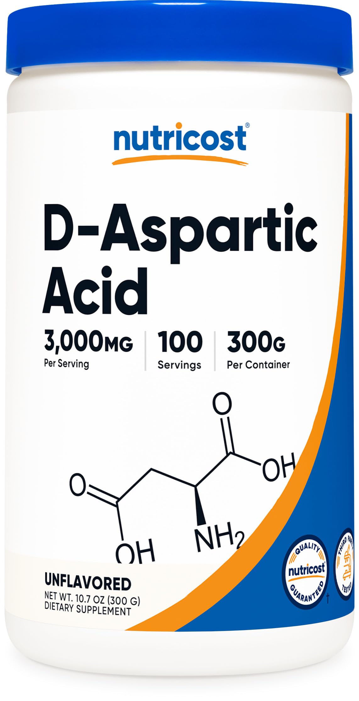Nutricost D-Aspartic Acid powder bottle front for clean daily dosing.