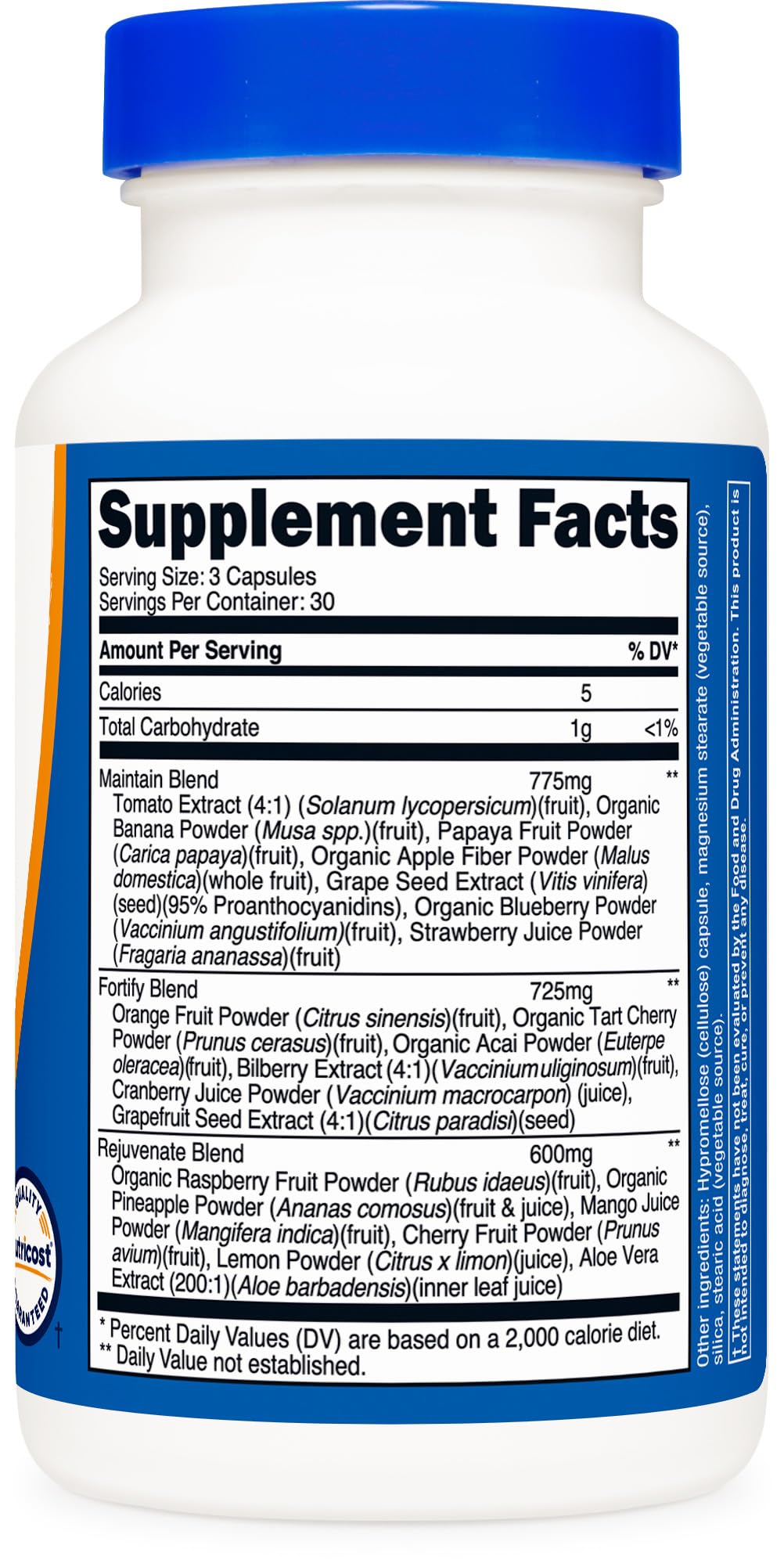 Gluten-free and GMO-free labeling on Nutricost Daily Fruits