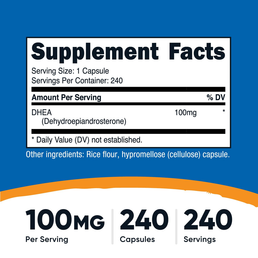 Close-up of Nutricost DHEA 100mg capsules