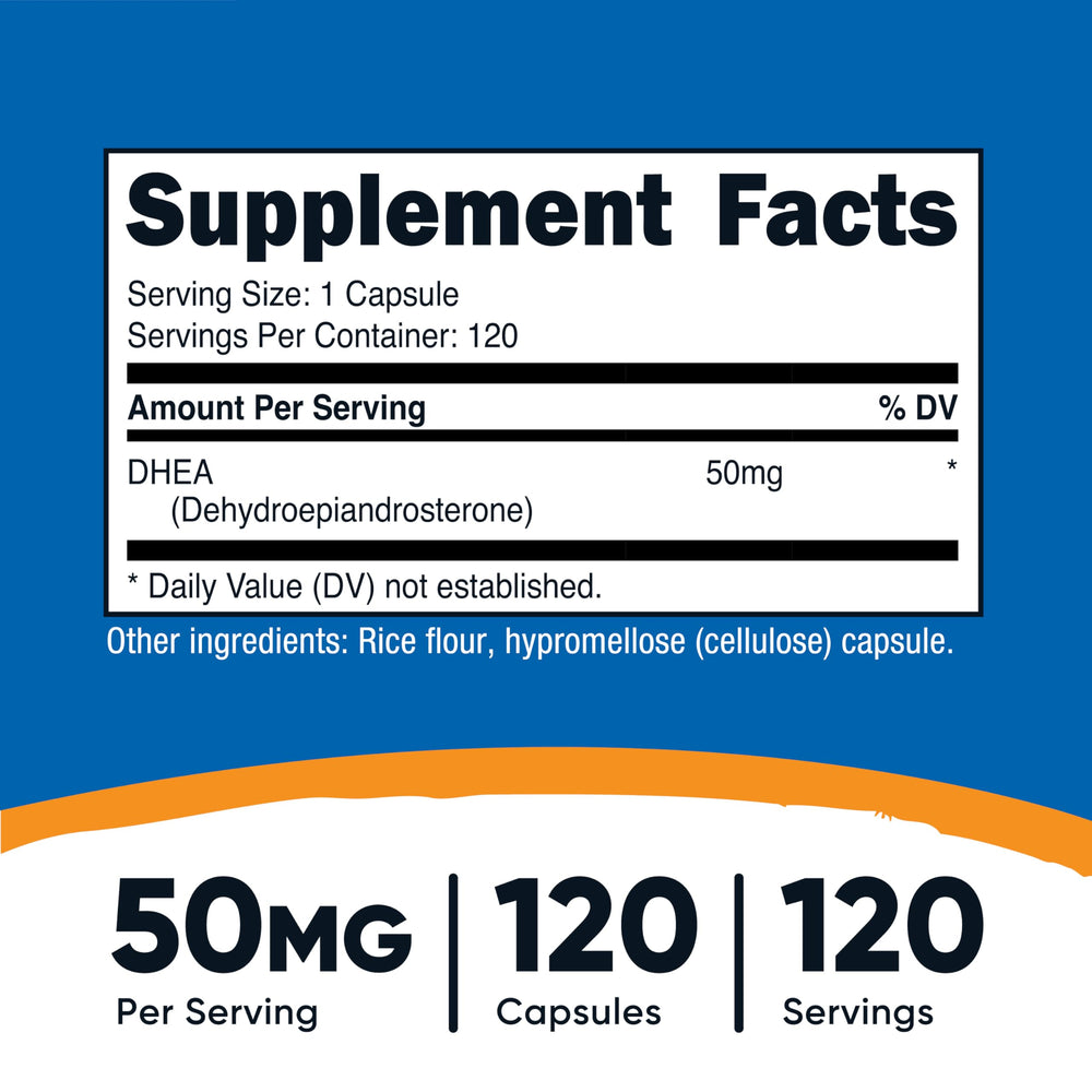 Close-up of DHEA 50mg capsules