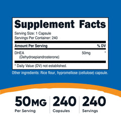Close-up of DHEA 50mg capsules
