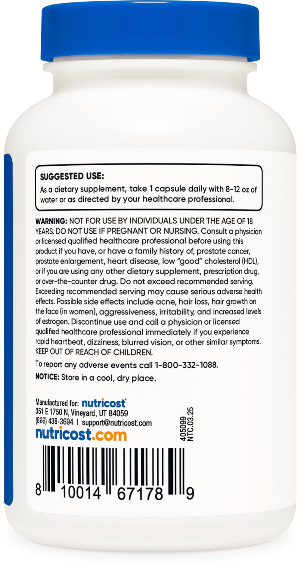 Non-GMO, gluten-free, soy-free Nutricost DHEA packaging