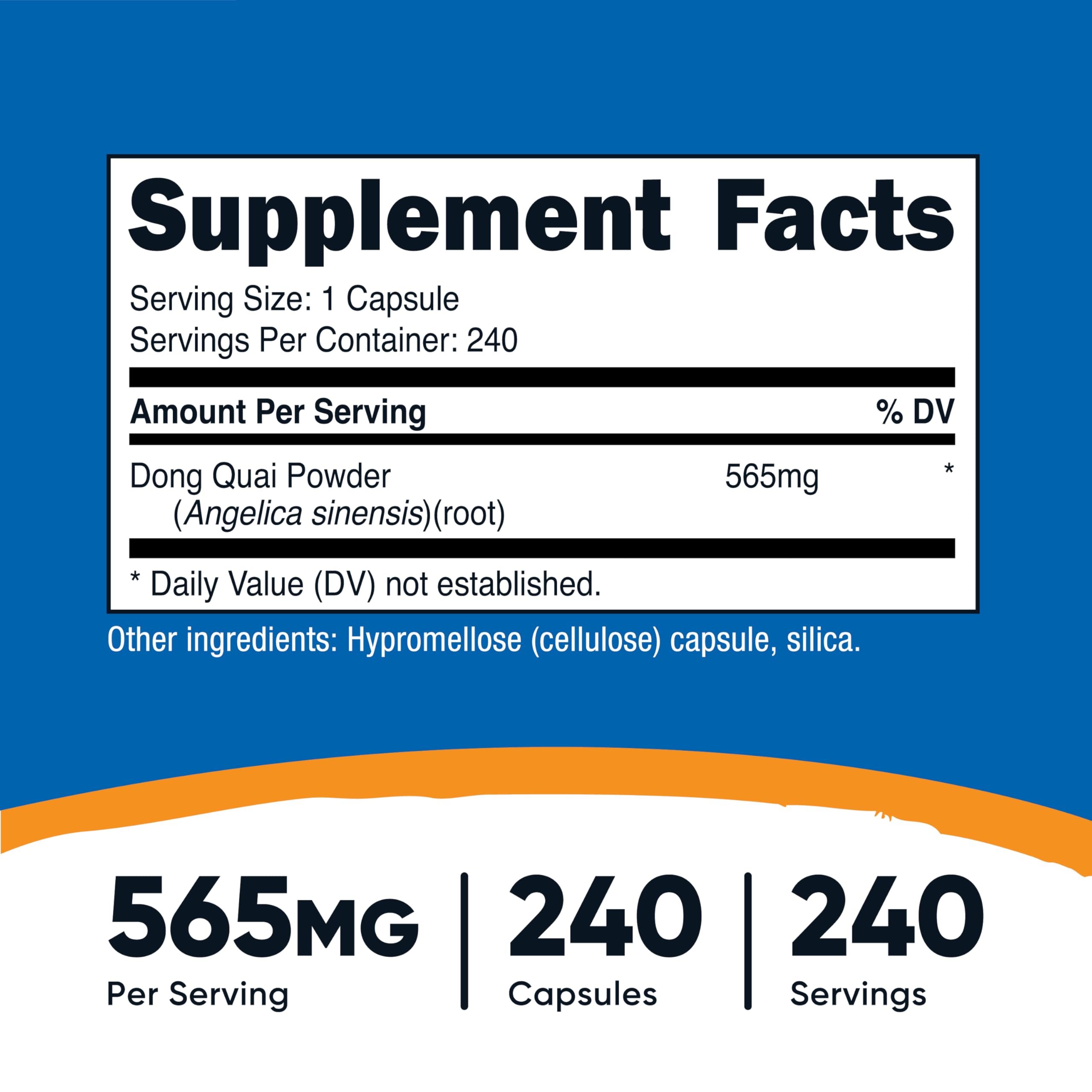 Close-up of 565 mg per vegetarian Dong Quai capsule
