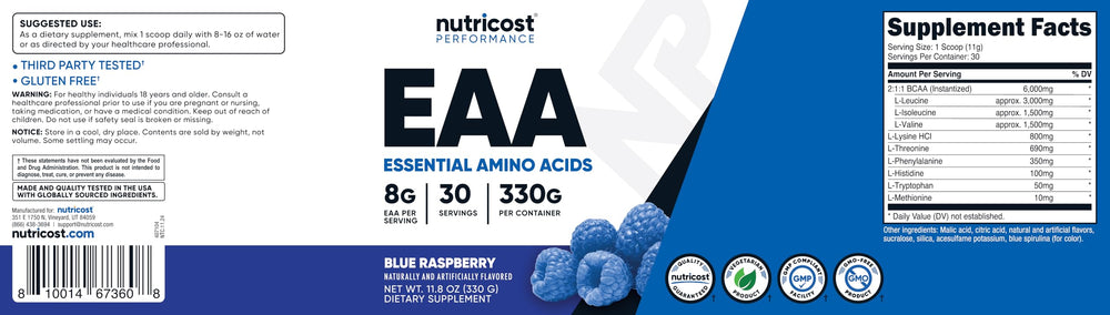 Nutricost EAA Powder Blue Raspberry container on surface
