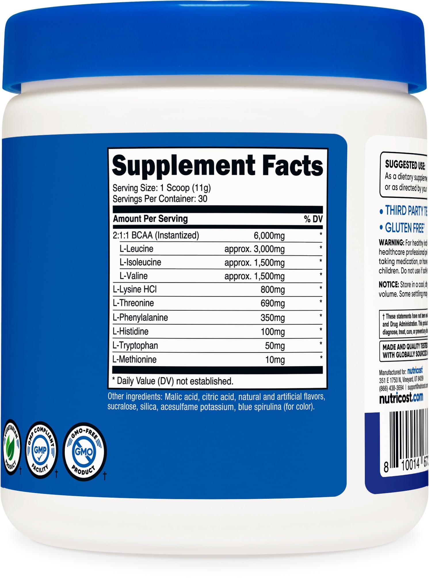 Nutrition ingredients label on Nutricost EAA Powder Blue Raspberry