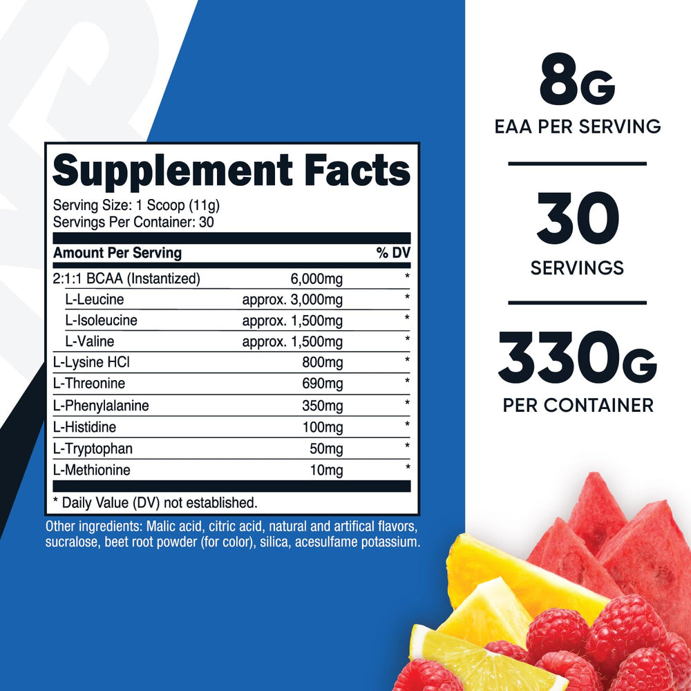 Close-up of Nutricost EAA Powder Fruit Punch label and ingredients
