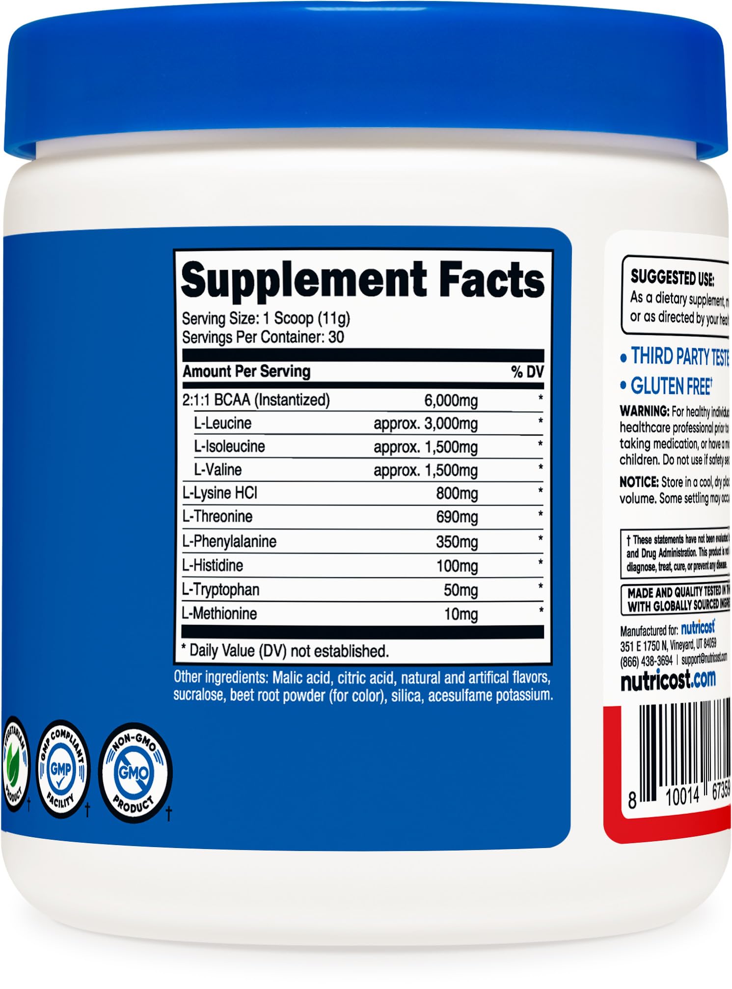 Non-GMO and Gluten Free icons on Nutricost packaging