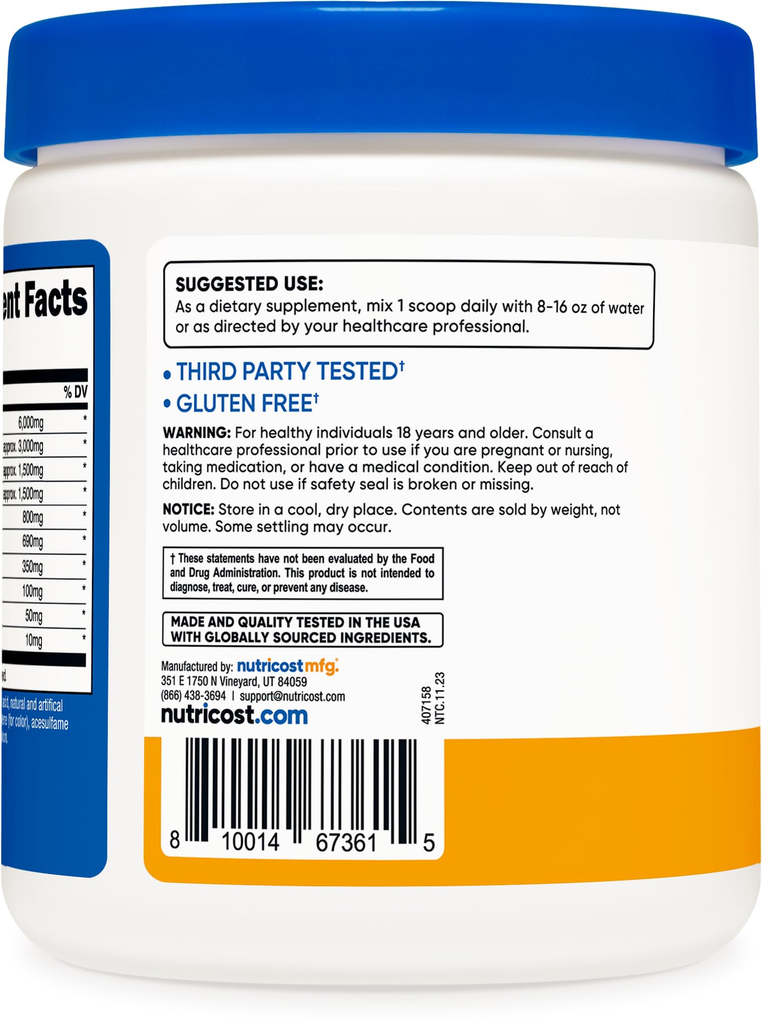 Nutrition label and ingredients for Nutricost EAA Peach Mango