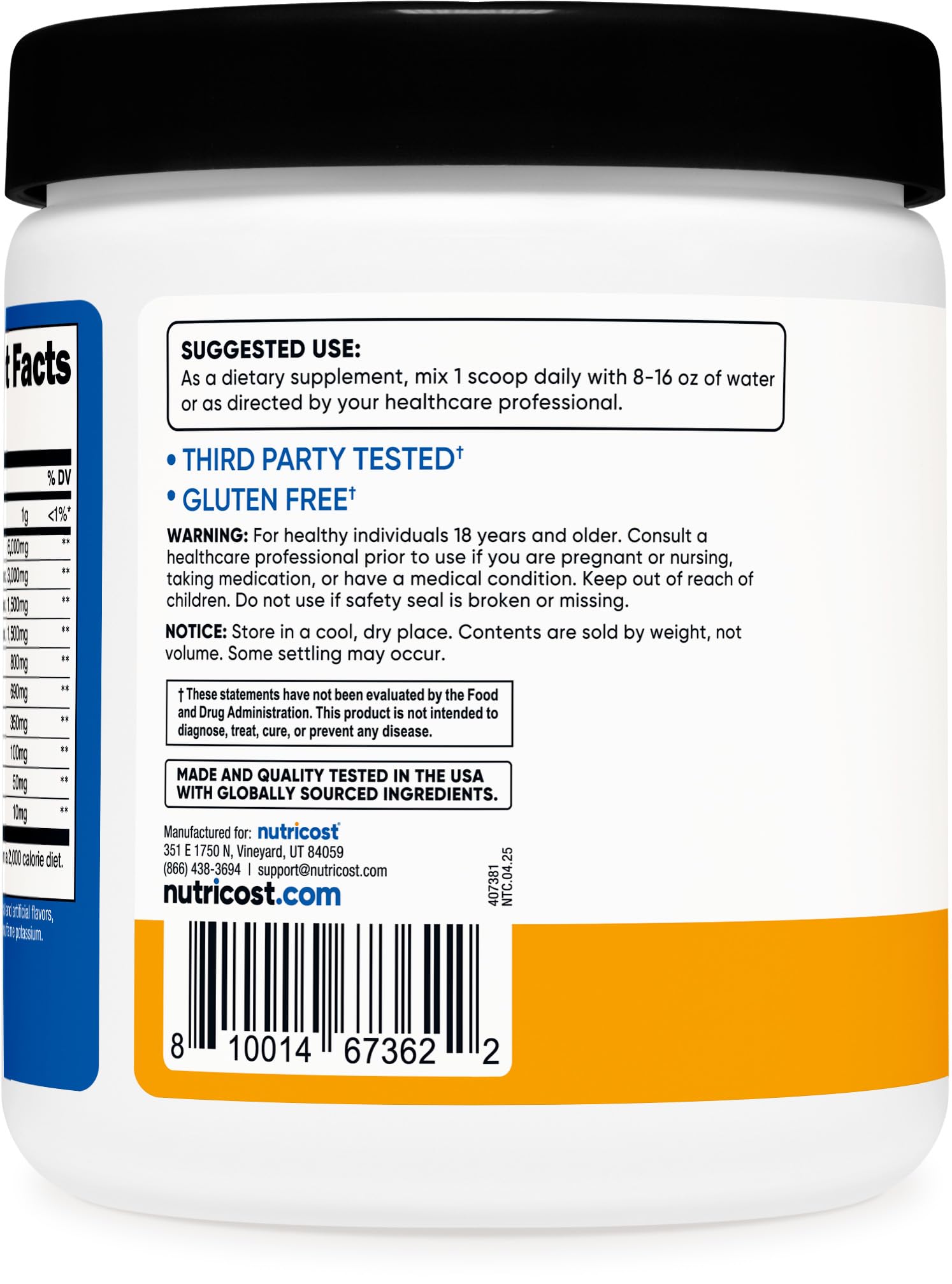 Nutrition information graphic for EAA powder