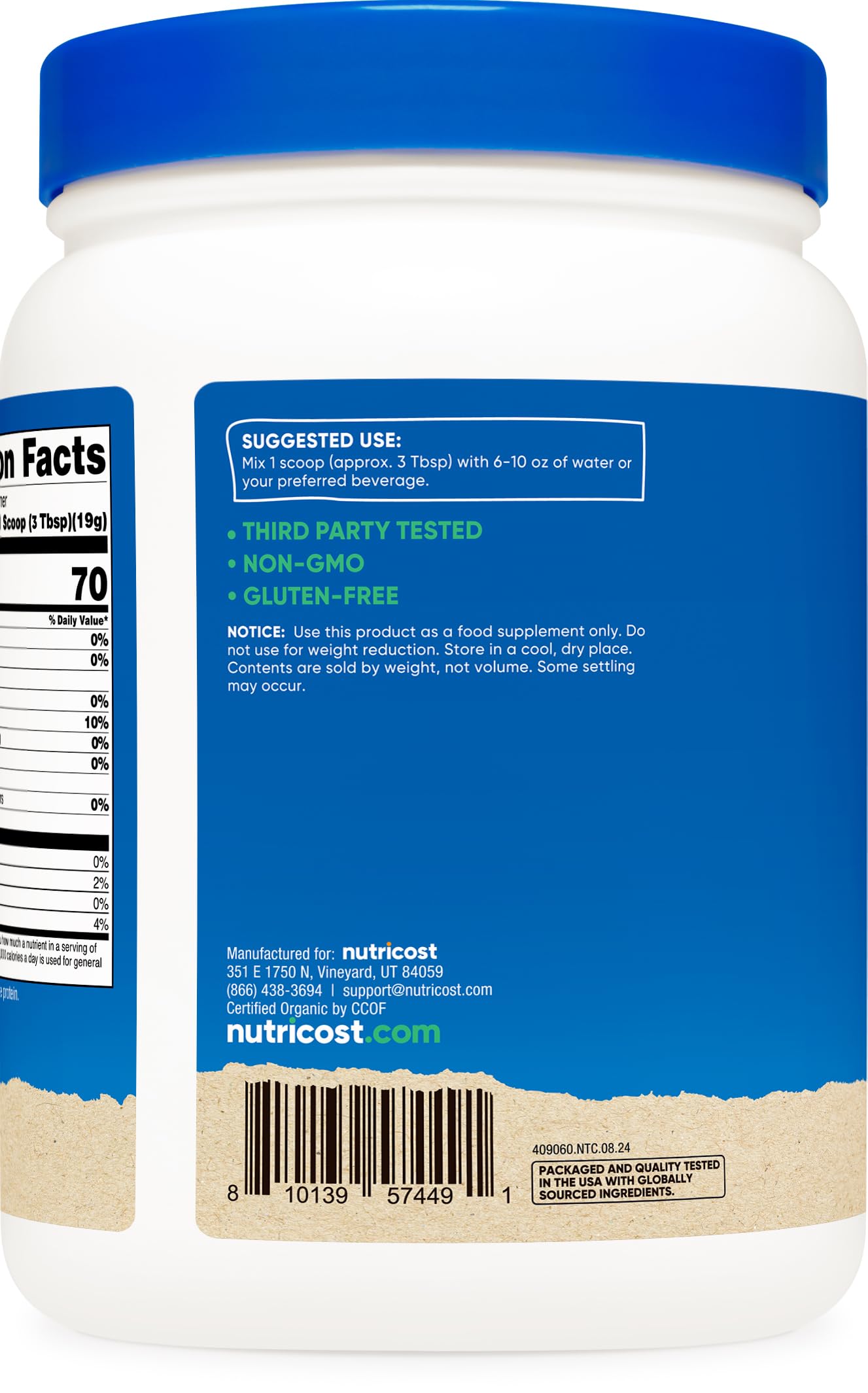 Nutricost ingredients panel highlights GMO-free, gluten-free formulation suitable for sensitive diets.