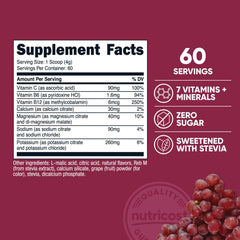 Scooped grape electrolyte powder being added to a glass of water