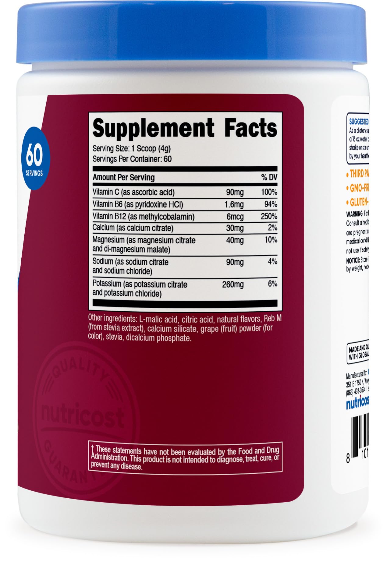 GMP compliance and third-party testing seals for Nutricost Electrolyte Complex Powder