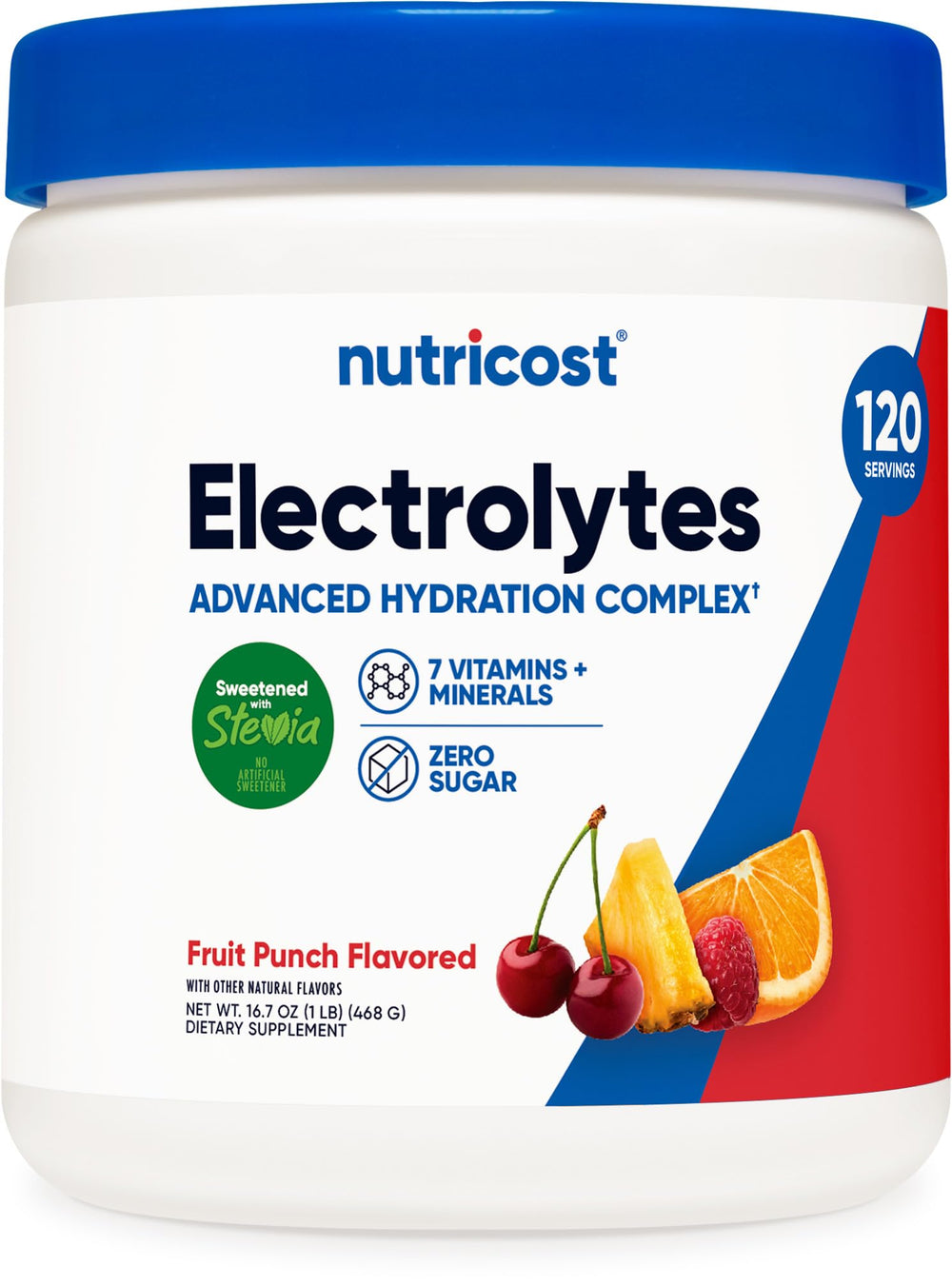 Front view of Nutricost Electrolyte Complex Powder Fruit Punch tub