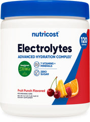 Front view of Nutricost Electrolyte Complex Powder Fruit Punch tub