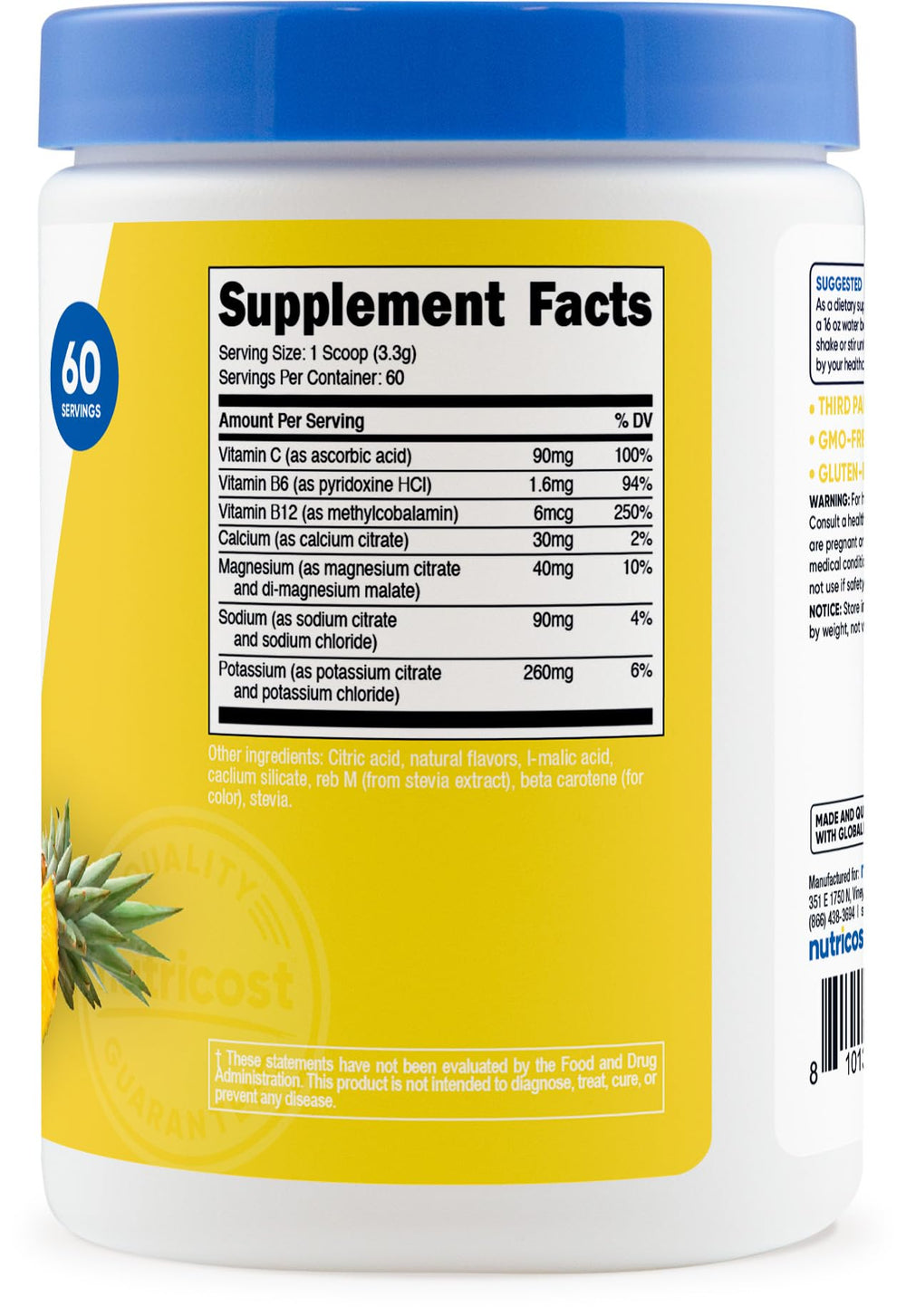 Nutricost Electrolytes Complex Pineapple Ice label close-up highlights zero sugar and stevia