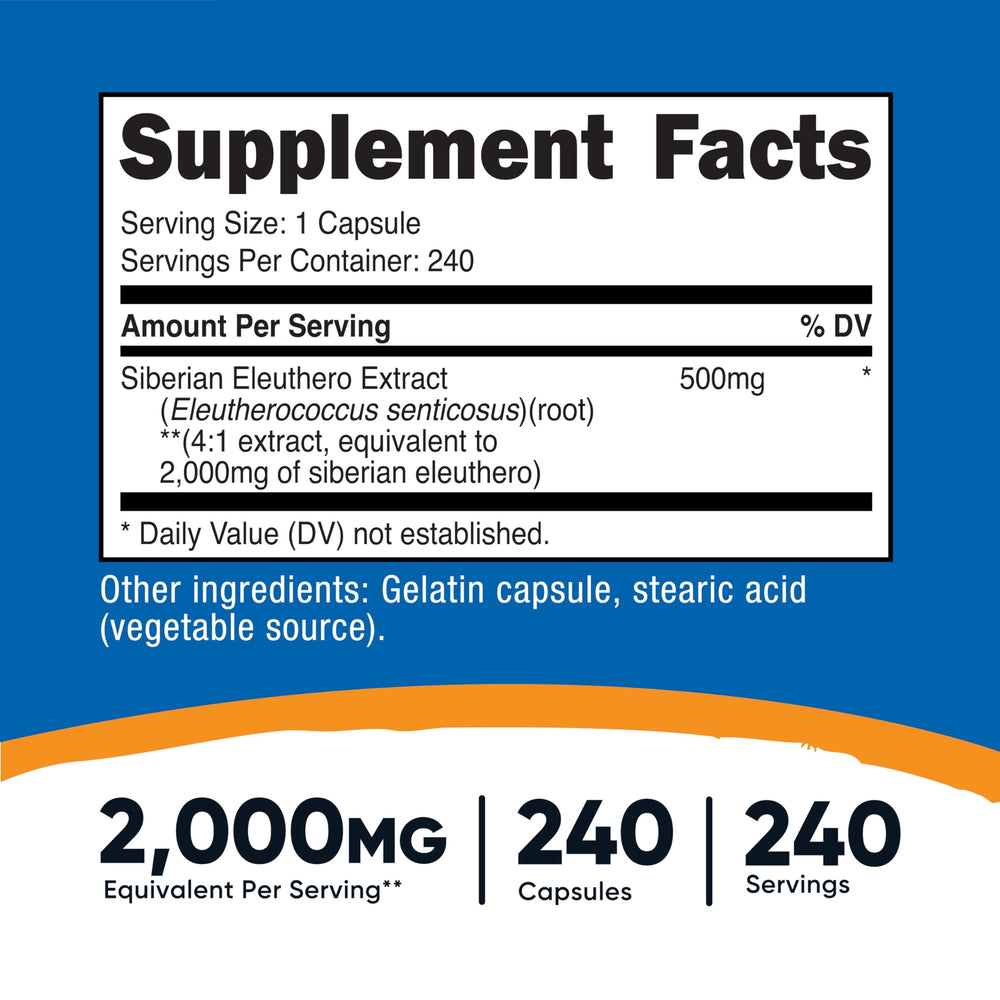 Close-up of Eleuthero 500mg capsules