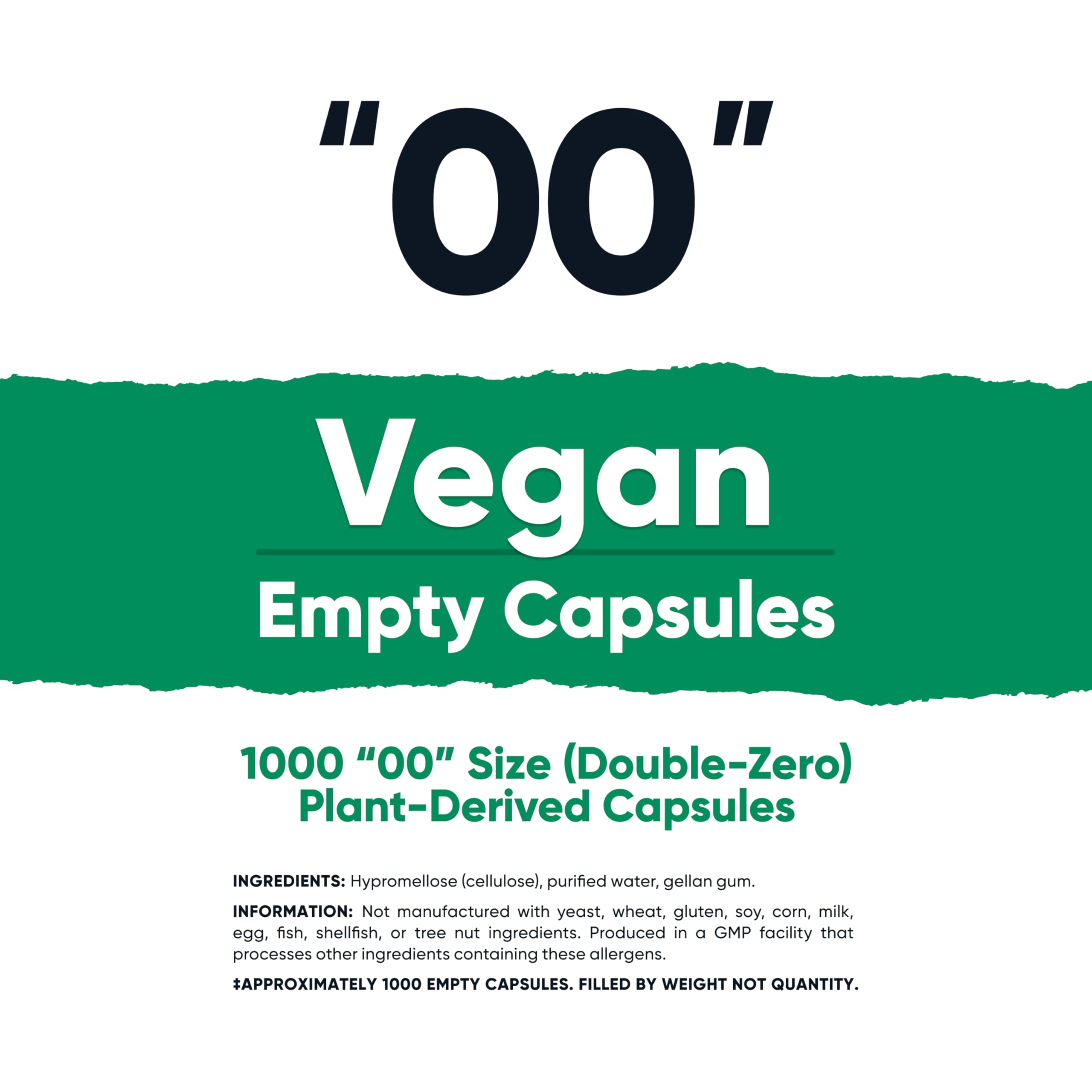 Clear plant-based empty capsules size 00, 1,000 count (side view)