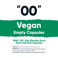 Clear plant-based empty capsules size 00, 1,000 count (side view)
