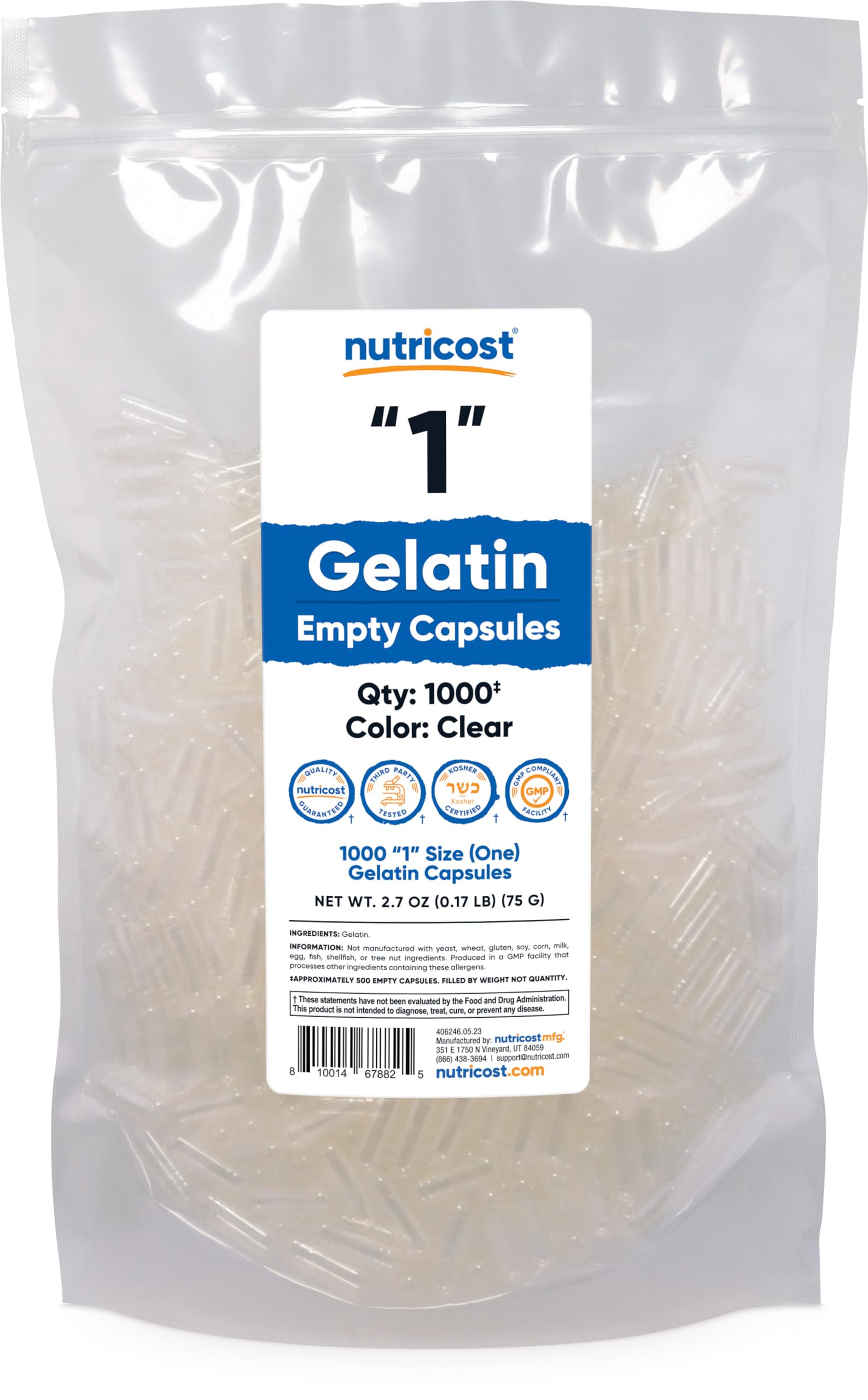 Nutricost empty gelatin capsules size 1, 1000-count, clear