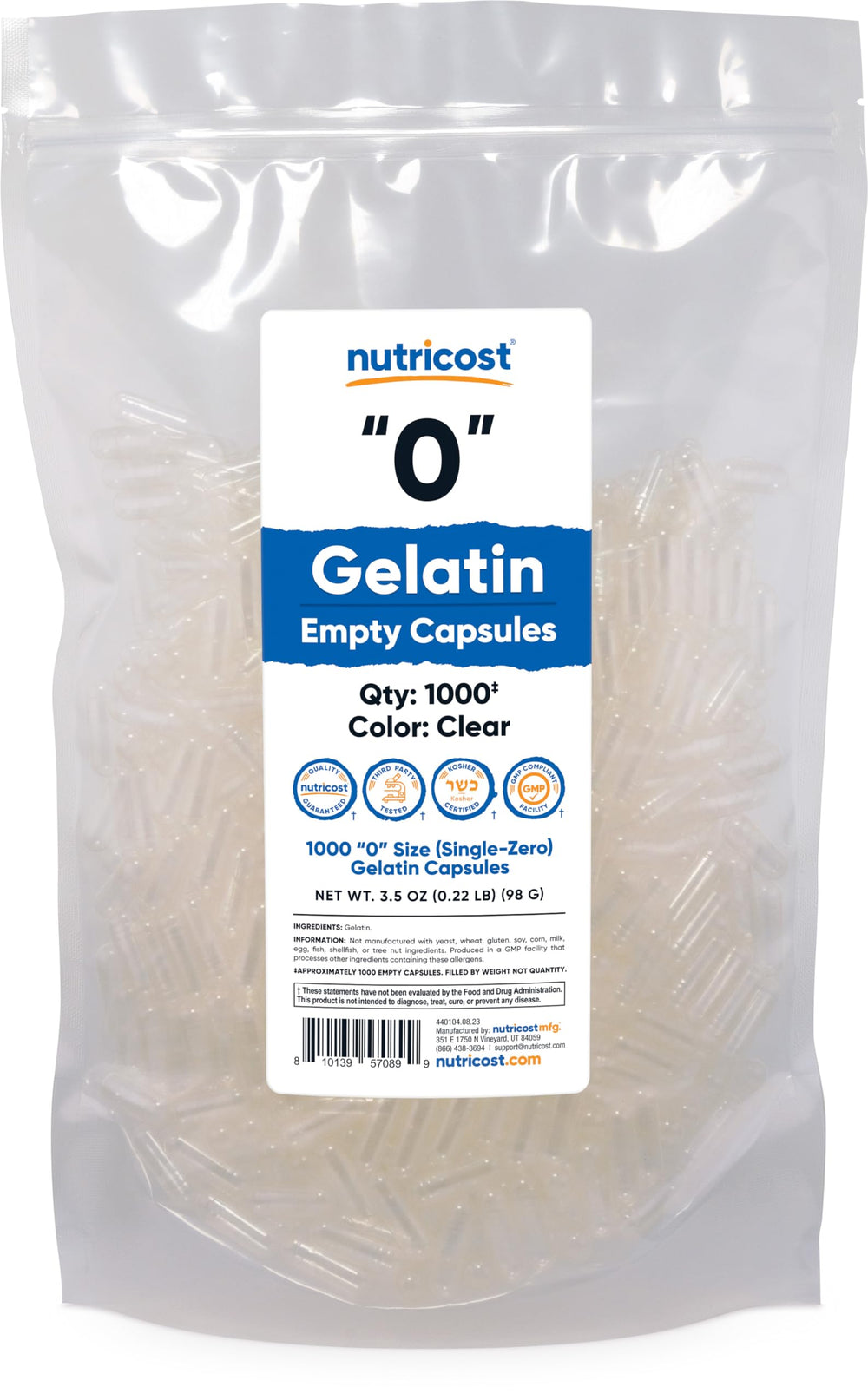 Nutricost Size 0 clear empty gelatin capsules, 1,000 count