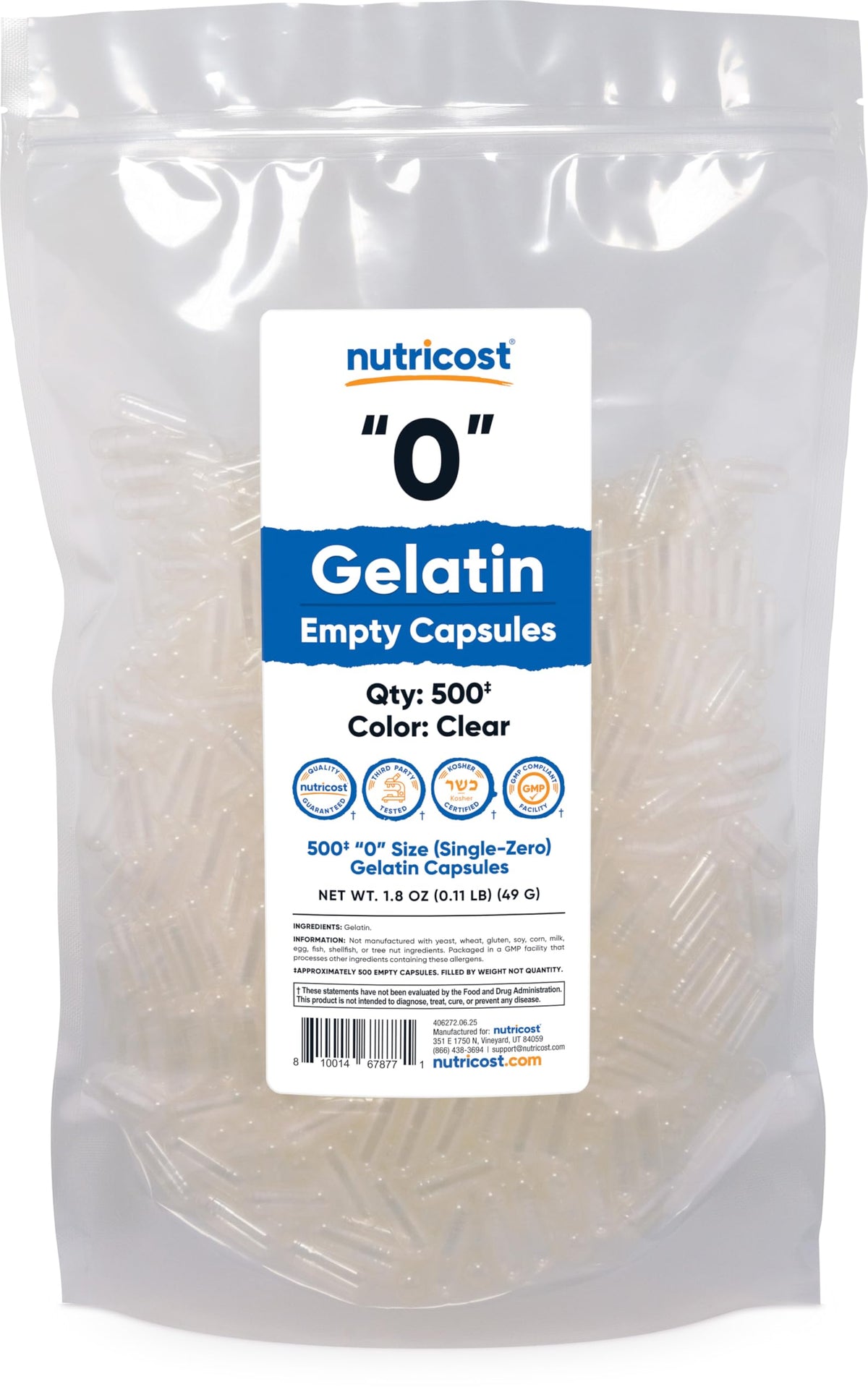 Nutricost Size 0 empty gelatin capsules, clear, 500-count