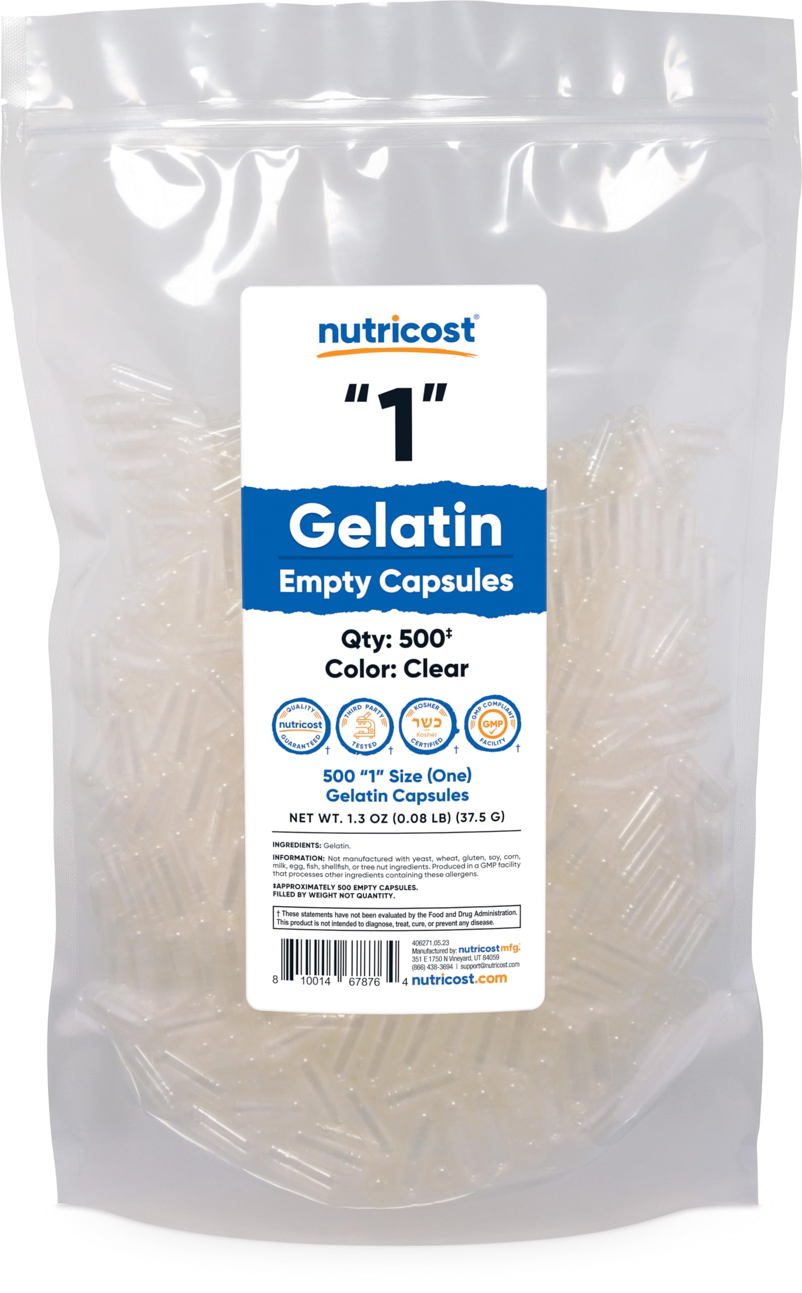 Nutricost empty gelatin capsules size 1-500 clear
