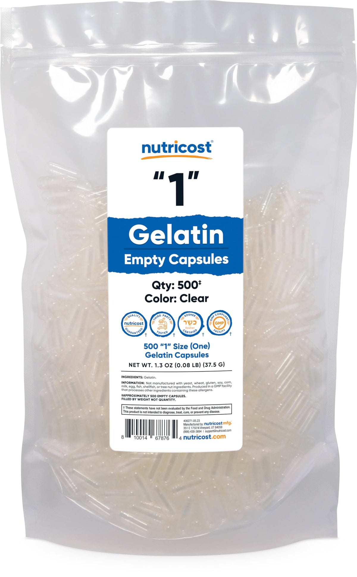Nutricost empty gelatin capsules size 1-500 clear