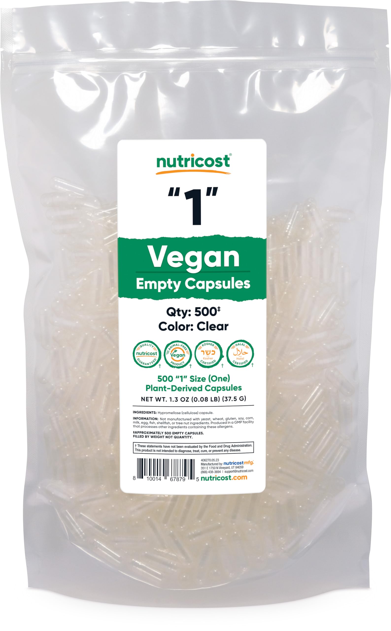 Nutricost Vegan Empty Capsules Size 1 - 500 count package (clear capsules)