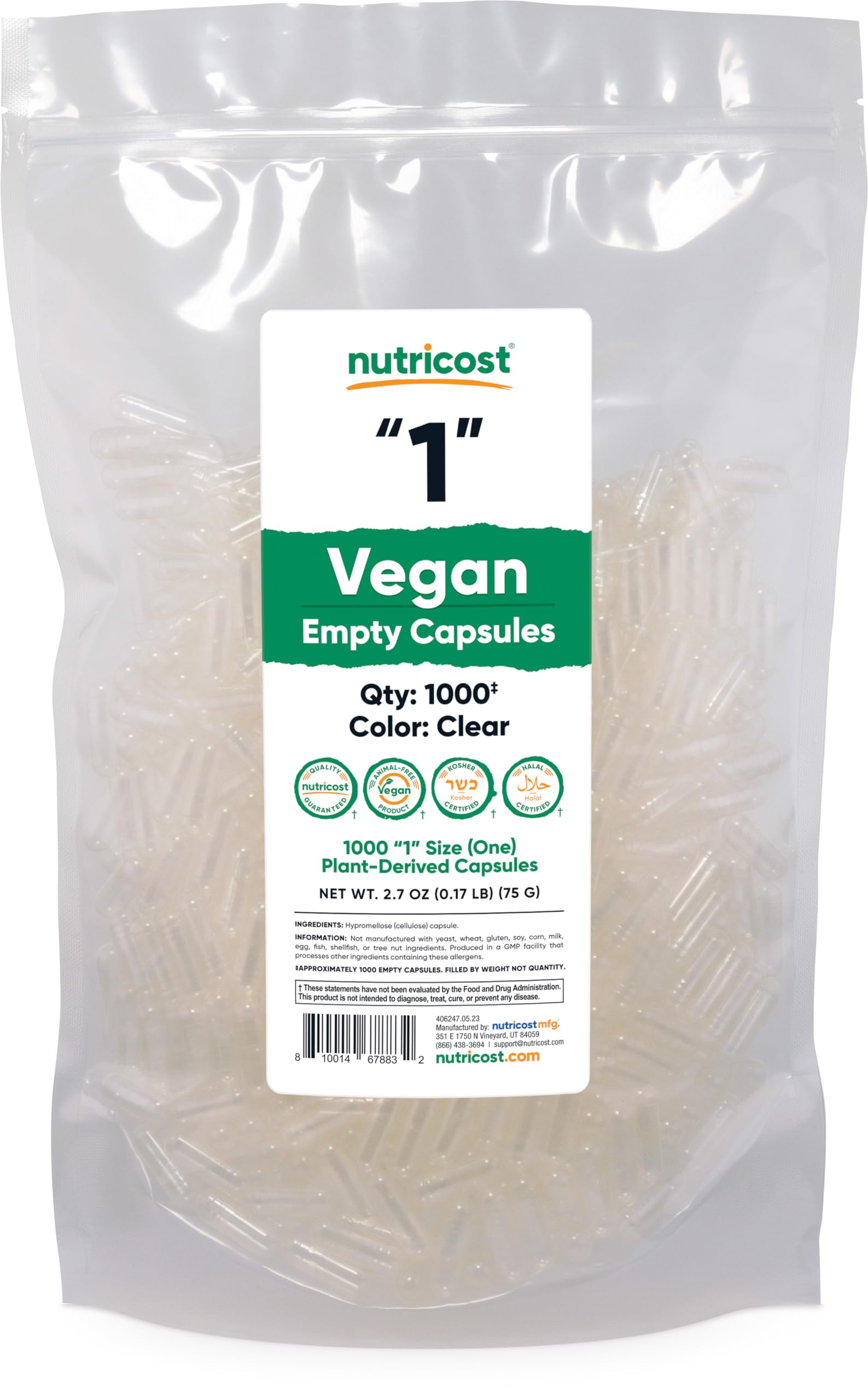 Nutricost Empty Capsules Size 1 Vegan – 1000-count pack