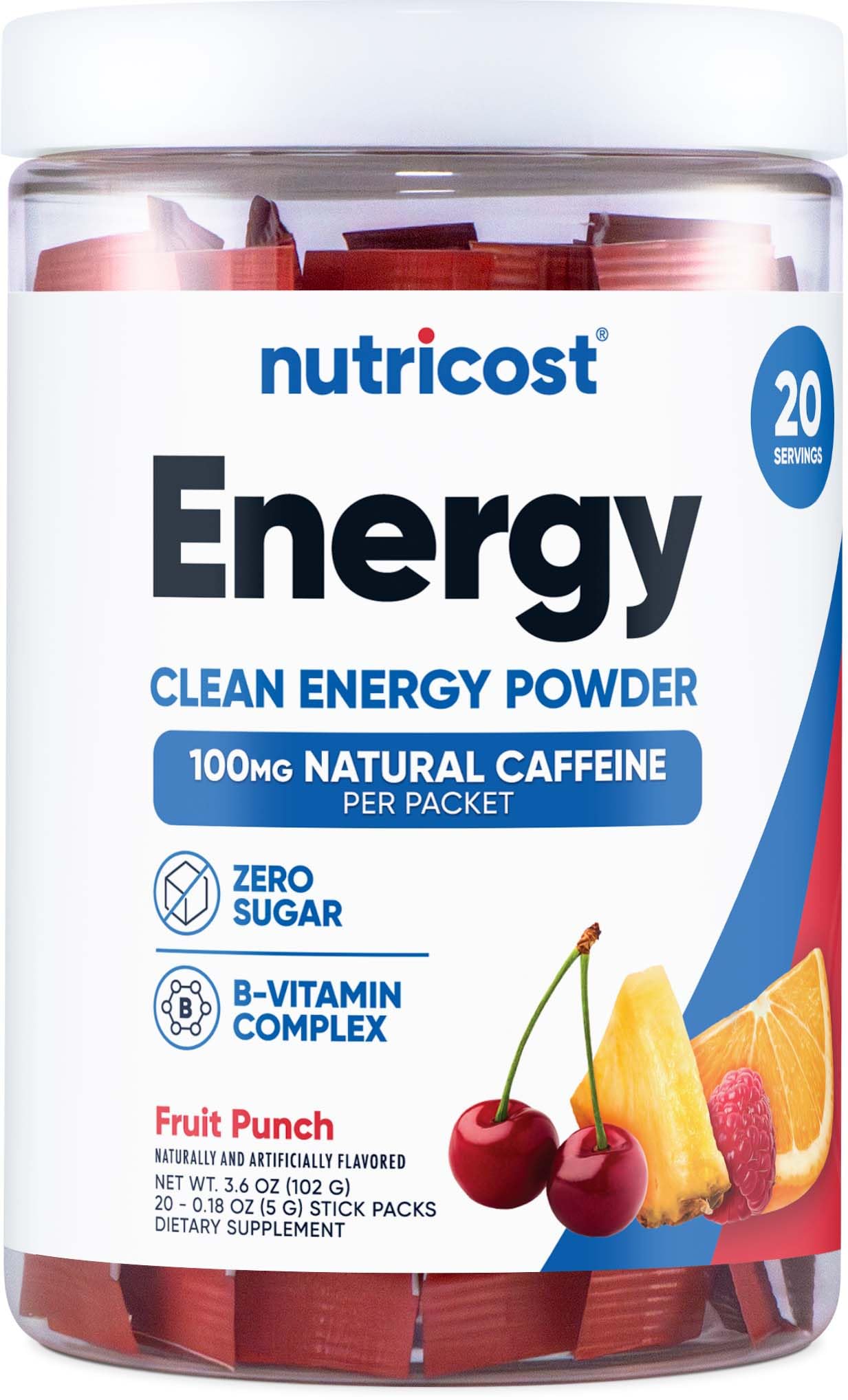 Nutricost Energy Complex Stickpack fruit punch bottle shows on-the-go energy with zero sugar
