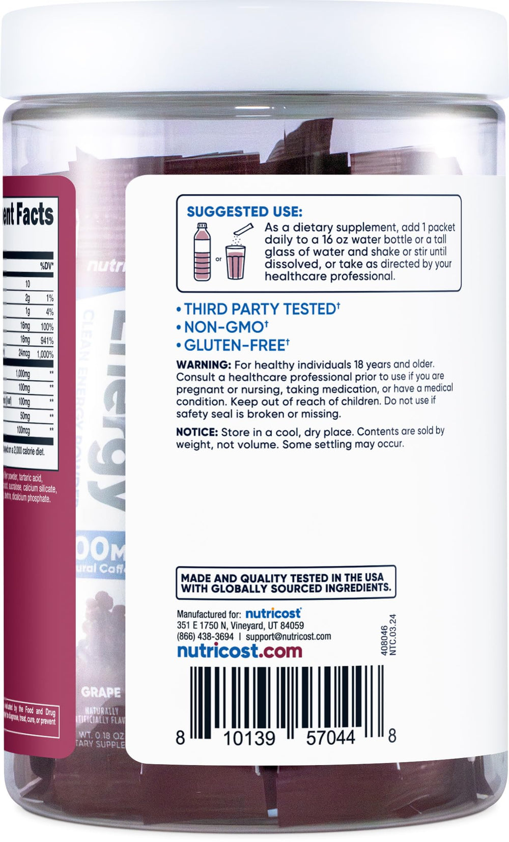 Ingredients and vitamins in Nutricost Energy Complex Grapes