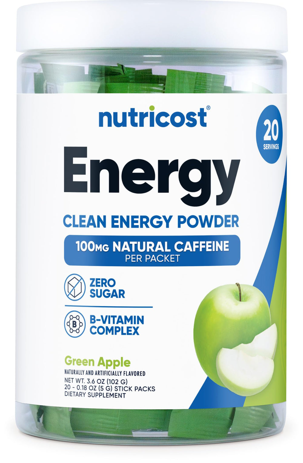 Nutricost Energy Complex Stickpack Green Apple packaging with 20 servings