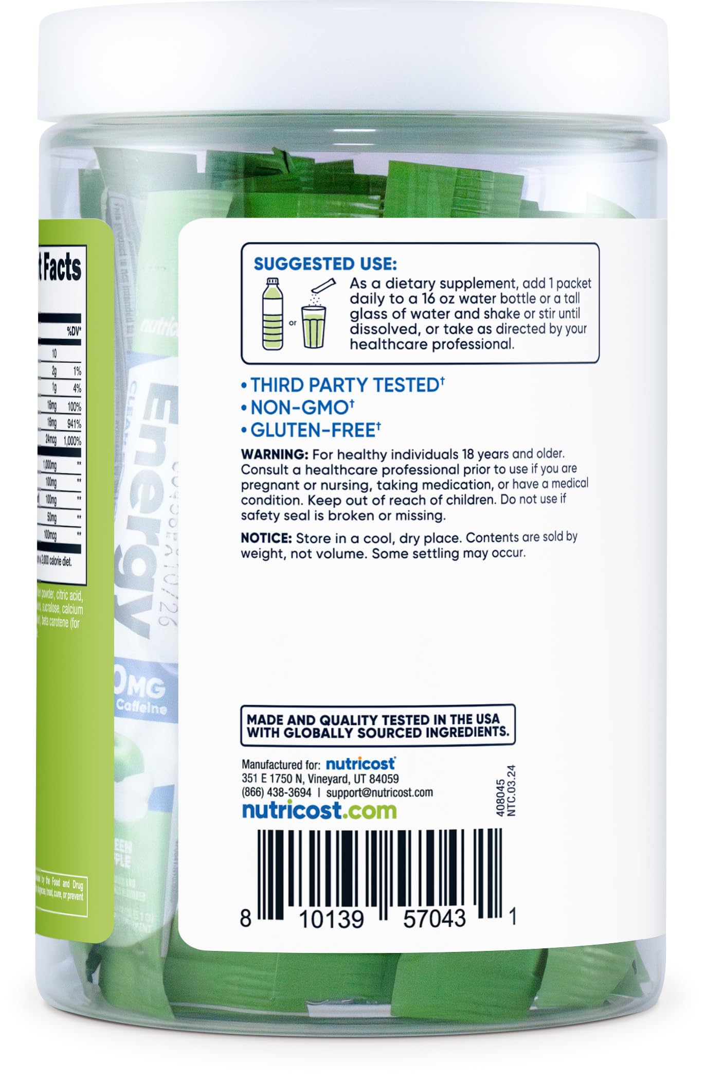 Nutrition label for Nutricost Energy Complex Green Apple (gluten-free, non-GMO)