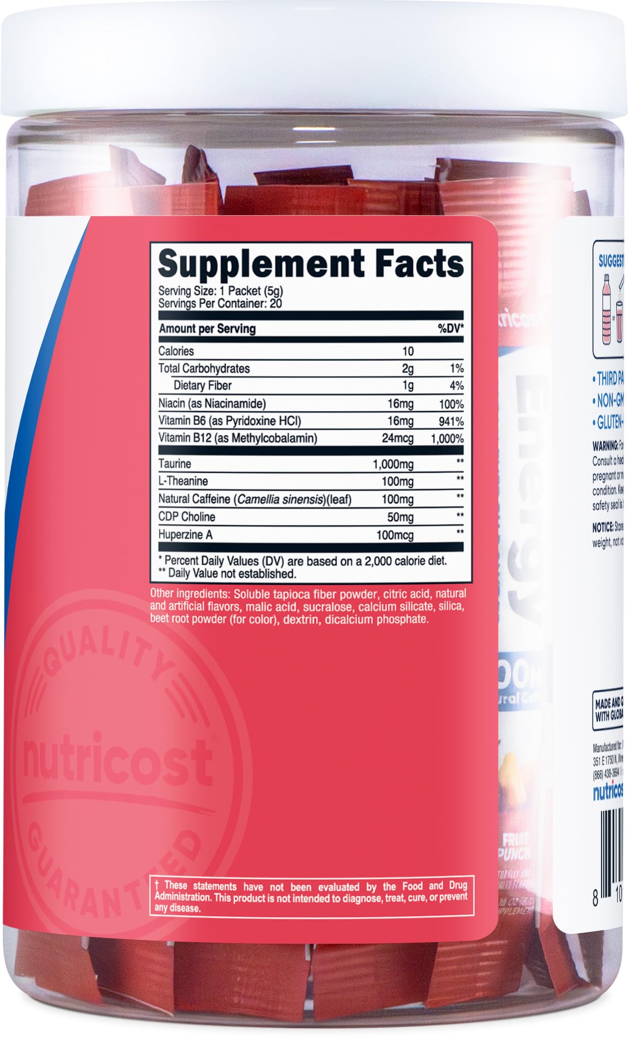 Nutricost Energy Complex Stickpack packaging highlights gluten-free and non-GMO status.
