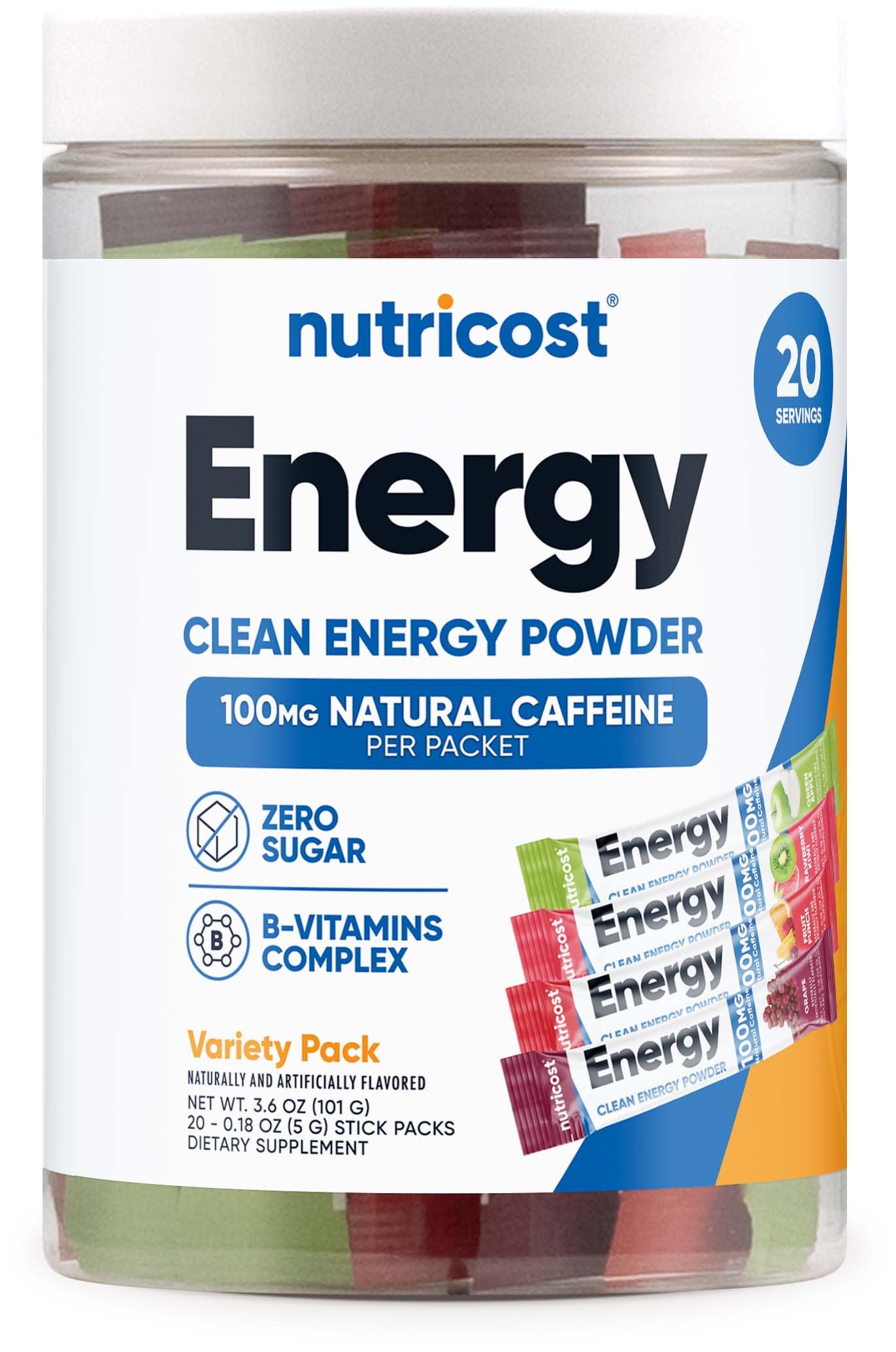 Nutricost Energy Complex Stickpacks variety pack in glass for on-the-go energy.