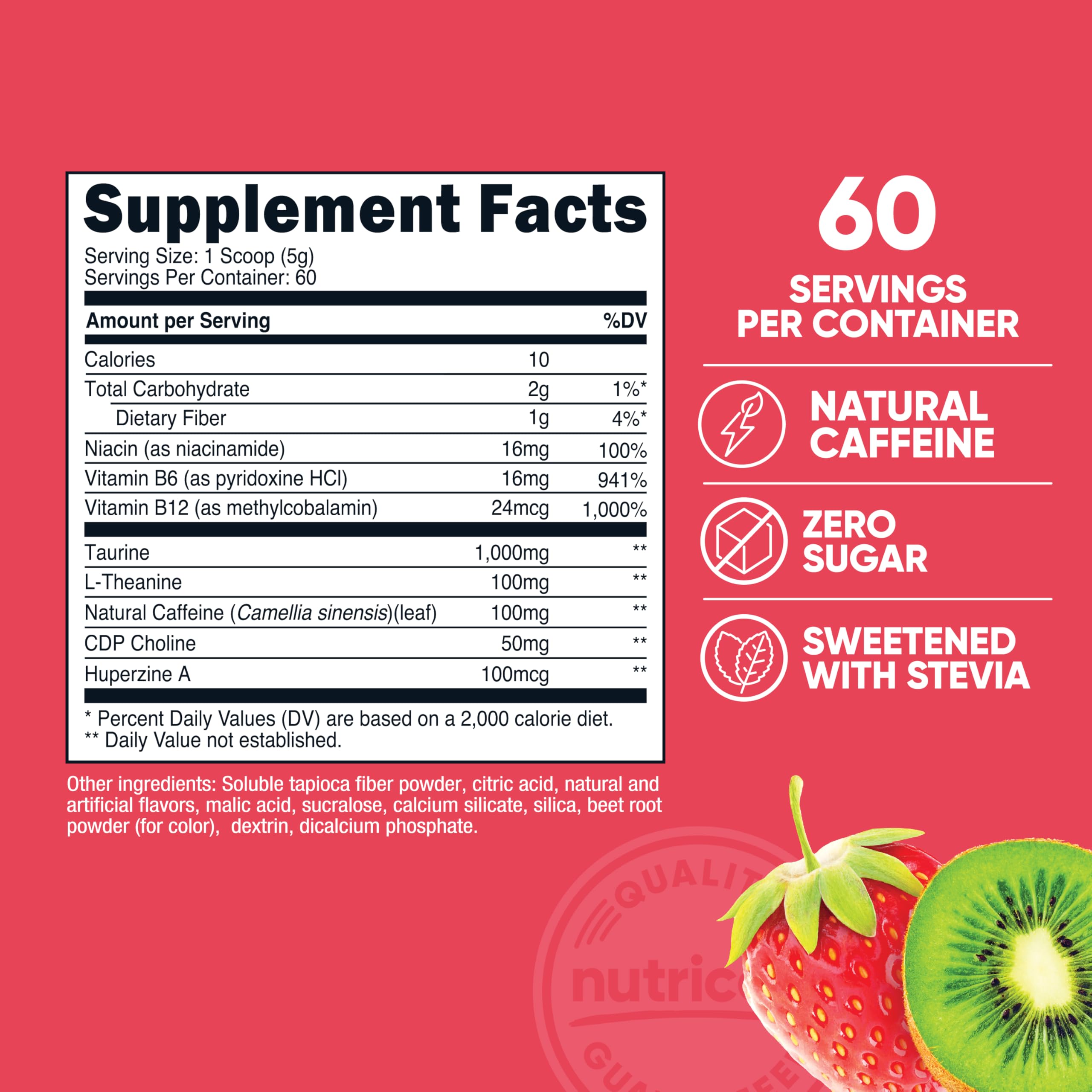 Nutricost Energy Complex Strawberry Kiwi bottle top close up for serving size