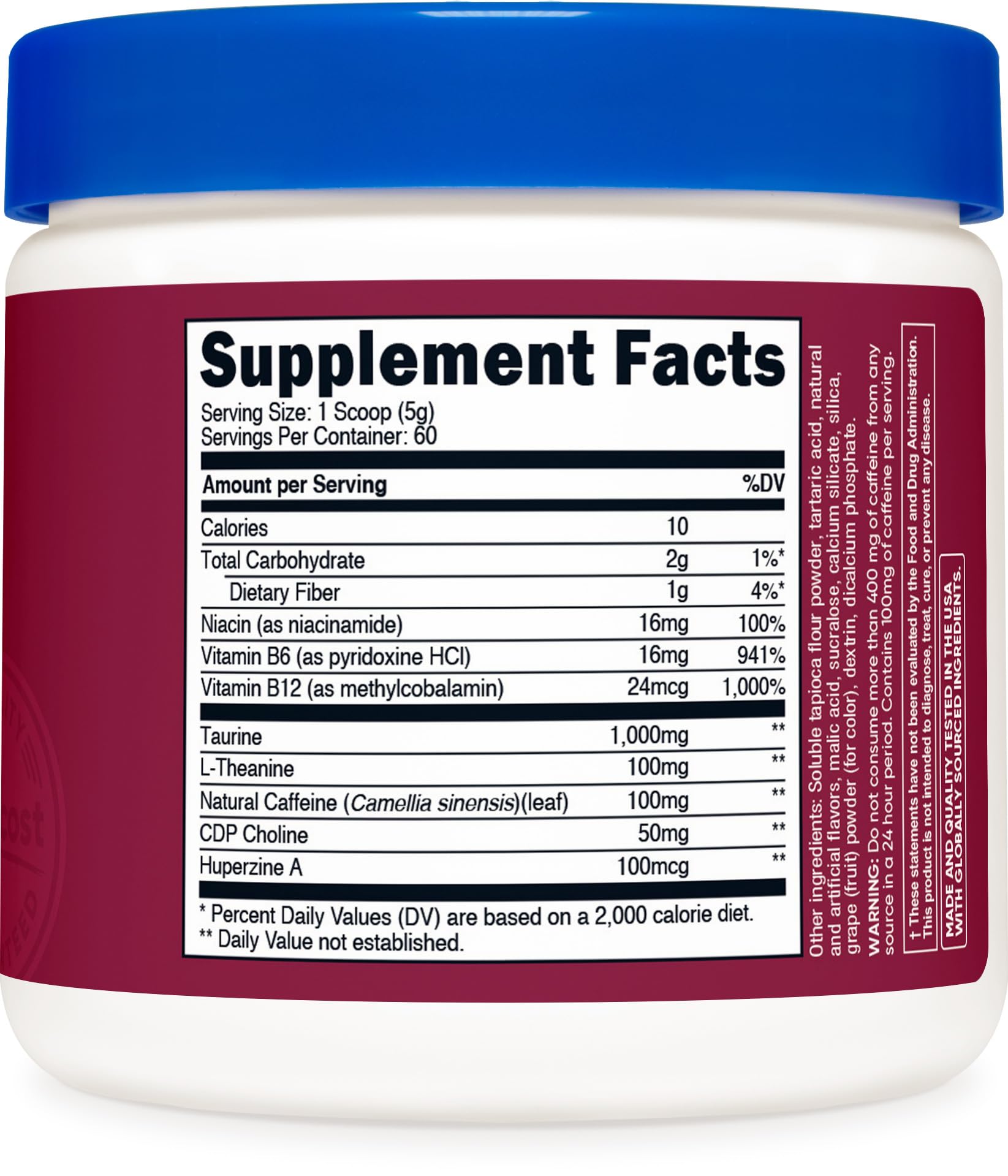 Nutricost Energy Drink Powder Grape packaging conveys gluten-free and non-GMO value.
